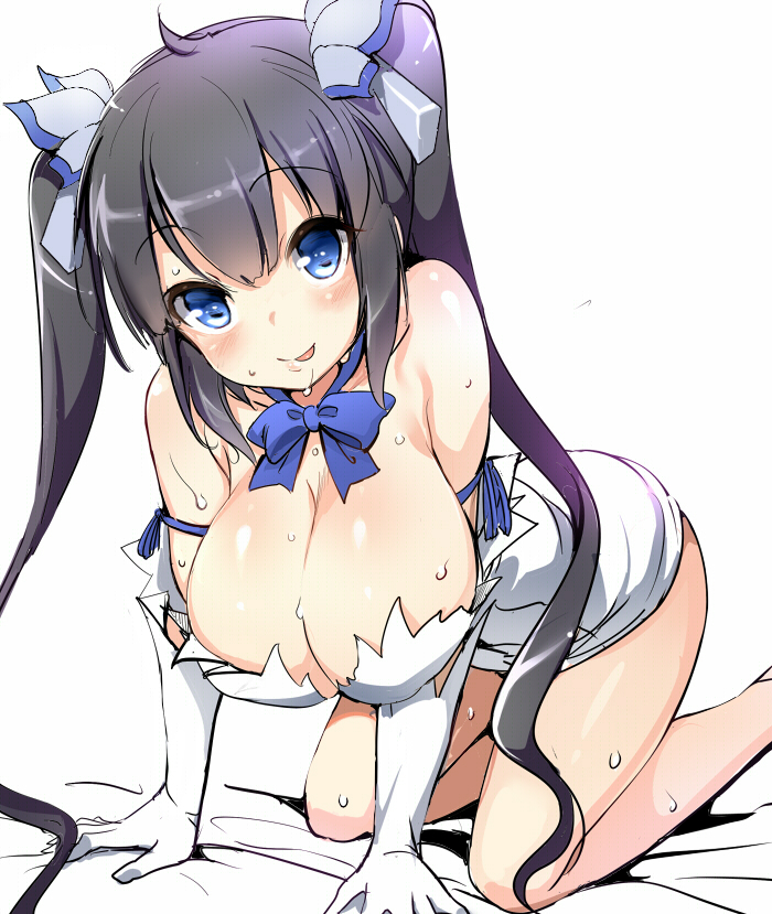 ajishio all_fours arm_ribbon bare_shoulders black_hair blue_eyes blush breasts choker cleavage dress dungeon_ni_deai_wo_motomeru_no_wa_machigatteiru_darou_ka female gloves hair_ornament hair_ribbon hanging_breasts hestia_(danmachi) huge_breasts large_breasts long_hair looking_at_viewer rei_no_himo ribbon short_dress simple_background solo sweat tied_hair tongue tongue_out twintails white_background white_dress white_gloves