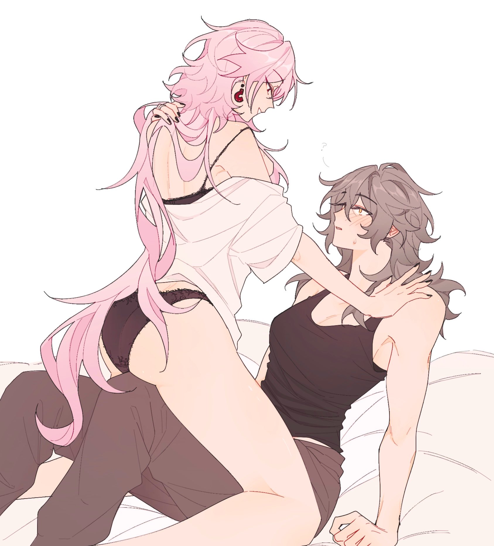 ass, bed, bedroom, blush, evernight (honkai: star rail), female, female focus, female only, honkai (series), honkai: star rail, hoyoverse, march 7th (honkai: star rail), no pants, panties, riejiu, shirt down, sitting on person, stelle (honkai: star rail), yuri