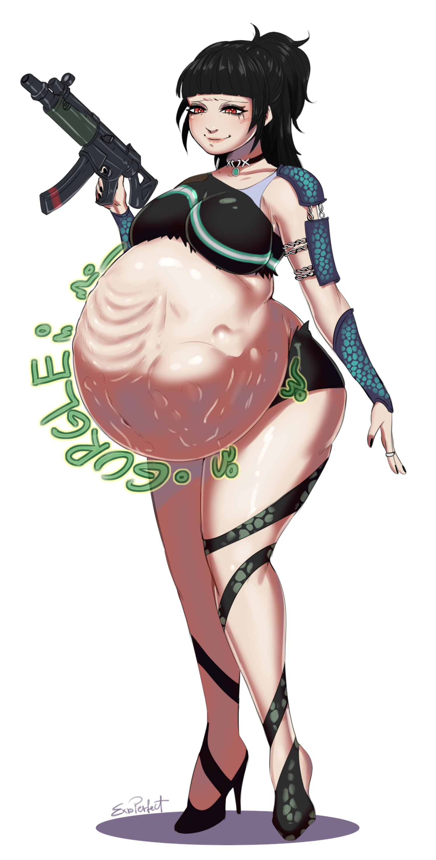 2d, 2d (artwork), bangs, belly, big belly, breasts, charlotte (fortnite), choker, expperfect, female, female pred, fortnite, fortnite: battle royale, pred, shoes, slayer charlotte (fortnite), solo, vore, vore belly, weight gain