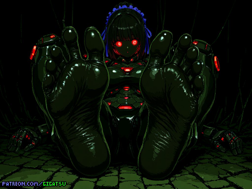 ai_generated android dark_theme dungeon feet foot_fetish foot_focus gigatsu glowing_eyes maid maid_headdress pixel_art robot robot_girl sole_female soles toes