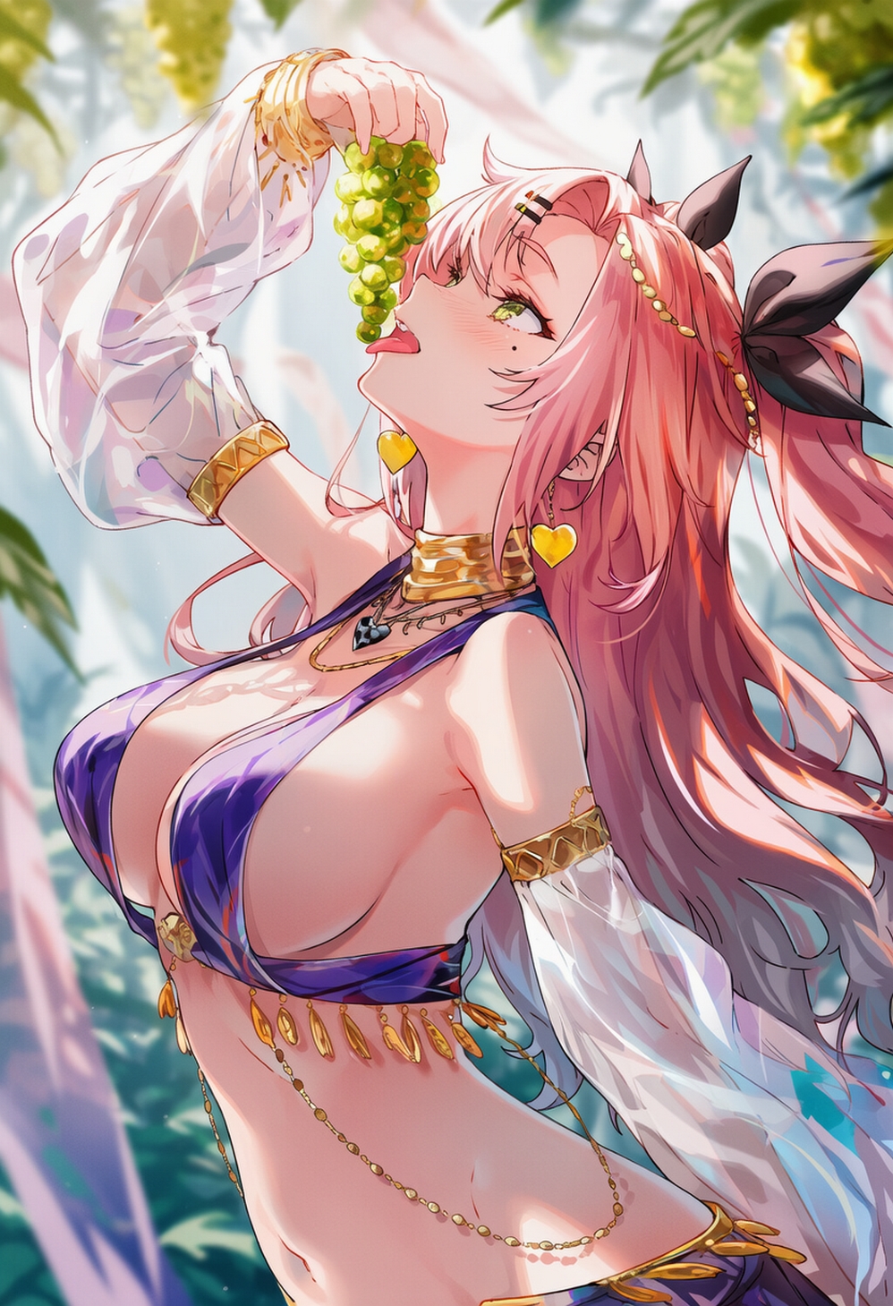ai generated, big breasts, breasts, closed eyes, eating fruit, egyptian clothes, female, female only, green eyes, nicole demara, one arm up, pink hair, raaicave, tongue, tongue out, zenless zone zero