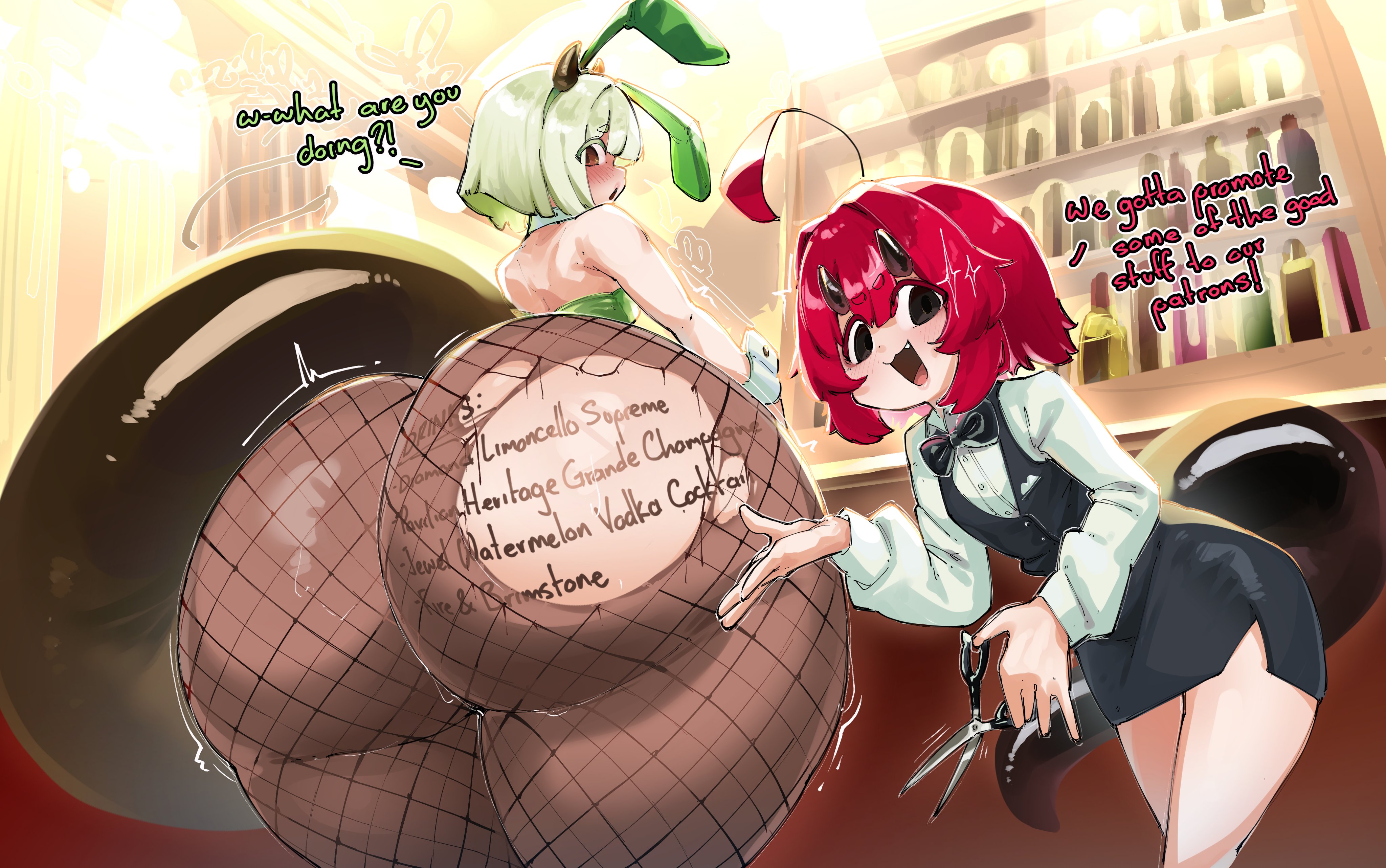 2girls, ass, ass focus, bartender, big ass, body writing, brown eyes, bunny ears, bunnysuit, crr001, english text, fake animal ears, fat ass, female, green hair, horns, huge ass, looking back, red hair, rr001c, short hair, tail, text, text on ass, tights, waitress