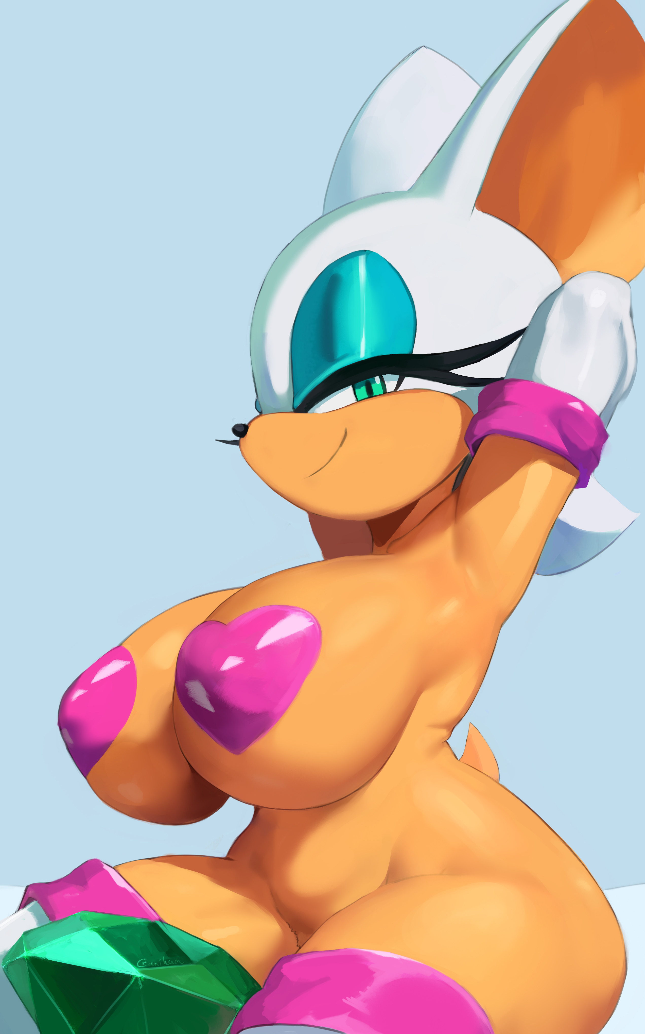 1girls, 2025, absurd res, anthro, armpits, armwear, bat, big breasts, black nose, breasts, brown body, clothing, cranihum, digital media (artwork), eyelashes, eyeshadow, female, female focus, female only, green eyes, heart pasties, hi res, large breasts, legwear, looking at viewer, makeup, mammal, mobian (species), nipple pasties, pasties, rouge the bat, sega, shortstack, simple background, smile, solo, sonic (series), sonic the hedgehog (series), white fur, white hair, wide hips, wide thighs