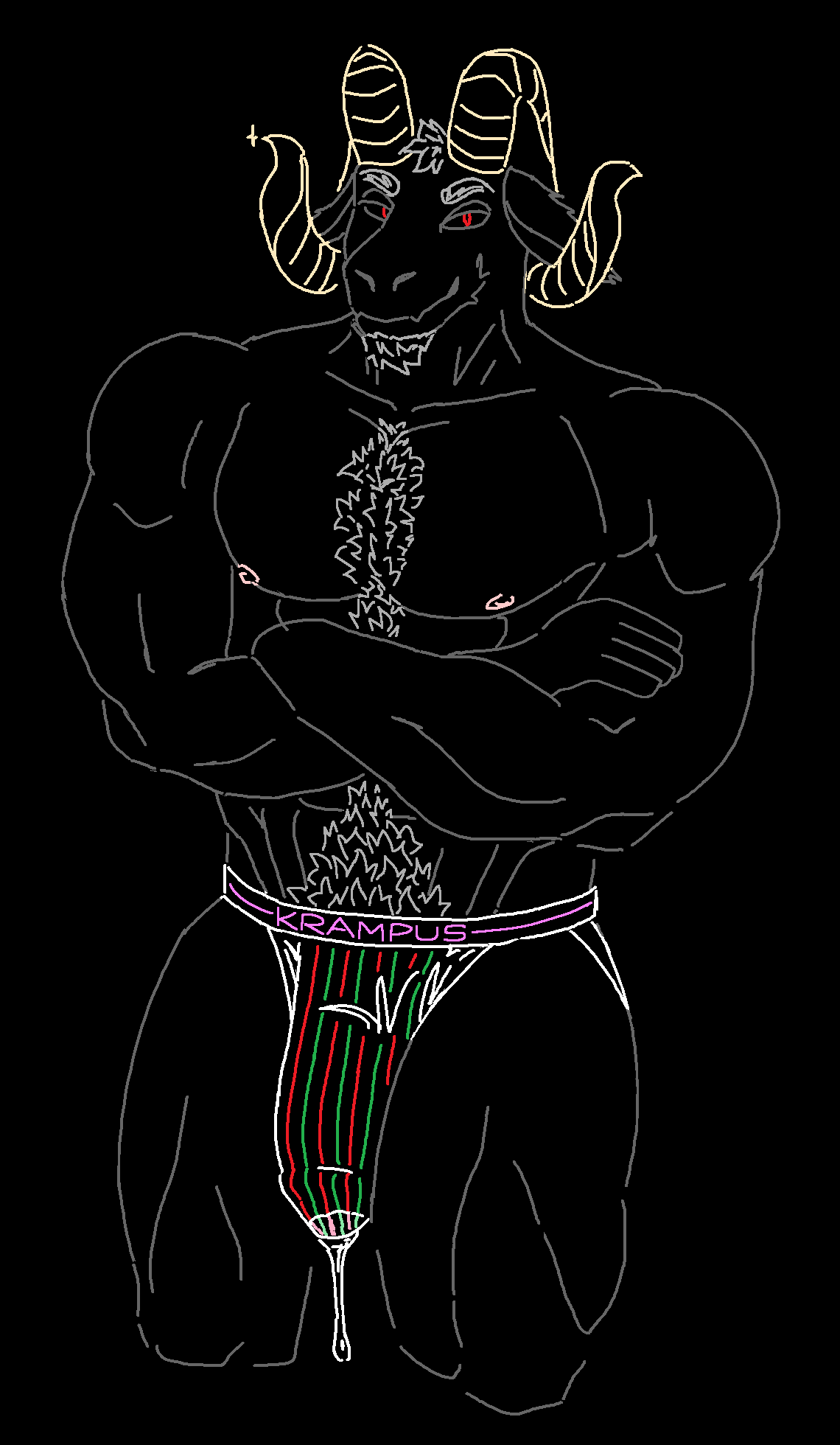 2020 abs aliasing anthro biceps big_bulge big_muscles biped black_background bodily_fluids body_hair bovid bulge caprine christmas clothed clothing crossed_arms curled_horns demon digital_media_(artwork) dripping facial_hair front_view fur genital_fluids genital_outline goat goatee grey_body grey_ears grey_fur grey_hair grey_nose hair happy_trail hi_res holidays horn jockstrap krampus line_art looking_at_viewer male male_only mammal muscular muscular_anthro muscular_male nipples pecs penis_outline pink_nipples portrait precum pubes quads red_eyes rodin simple_background smile solo sparkles standing three-quarter_portrait topless triceps underwear underwear_only wet wet_clothing