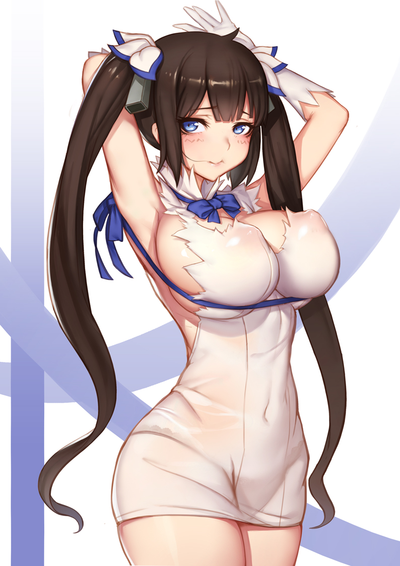 armpits arms_up blue_eyes blush breasts brown_hair cleavage_cutout dress dungeon_ni_deai_wo_motomeru_no_wa_machigatteiru_darou_ka erect_nipples evan_yang female gloves hair_ribbon hestia_(danmachi) large_breasts long_hair long_twintails looking_at_viewer panties rei_no_himo ribbon see-through short_dress sideboob skindentation solo tied_hair twintails underwear very_long_hair white_gloves