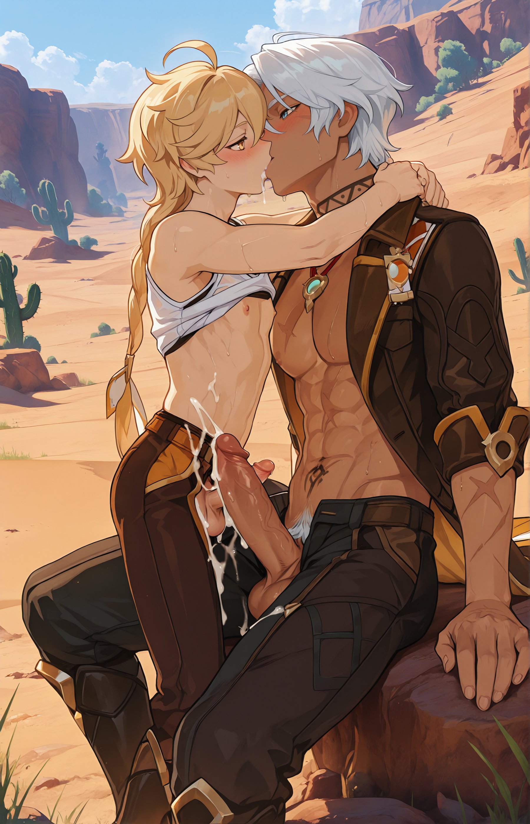 2boys, abs, aether (genshin impact), ai generated, arms around neck, arms around partner, big penis, blonde-haired male, brown nipples, clothed male, cum on pants, cum on partner, cute, daddy, desert, drool string, drooling, female, french kiss, genshin impact, hunk, ifa (genshin impact), intimate, intimate pose, kissing, legs spread, light-skinned female, long-haired male, male, male only, male/male, muscular, muscular male, neck tattoo, penis, scars, scars on arm, short male, short-haired male, sitting, sitting down, sitting on another, sitting on lap, sitting on partner, sitting on person, sitting on thigh, size difference, small penis, tan skinned male, twink, white pubic hair, white-haired male, yaoi
