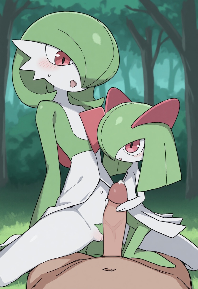 2girls, ai generated, big penis, blush, cowgirl position, cum, cum drip, decensored, faceless male, female, female on top, female pubic hair, flat chest, gardevoir, green hair, holding penis, incest, kirlia, male, open mouth, penis, pokemon, pokemon (species), sirnight, sweat, sweatdrop, true gardevoir, true sirnight