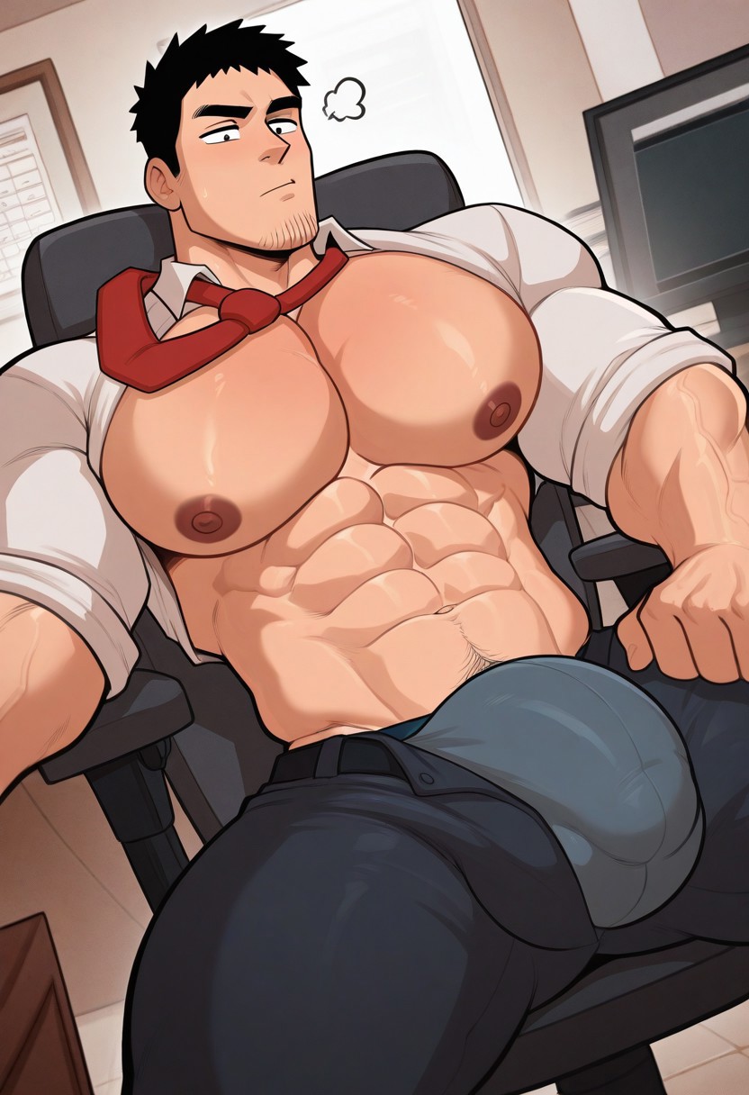 1boy, ai generated, bara, bara body, bara tiddies, bara tits, big bulge, bulge, himbotiger, male, male breasts, male only, muscular, muscular chest, muscular male, pecs, senpai ga uzai kouhai no hanashi, takeda harumi, underwear, wide shoulders, yaoi