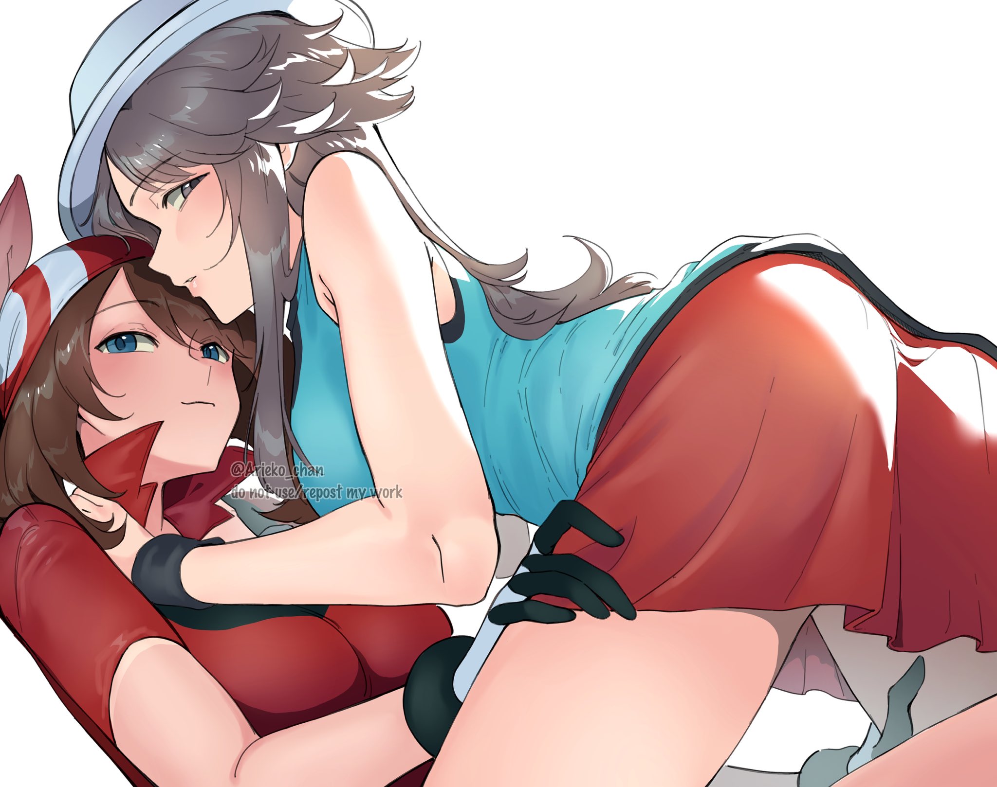 2girls, ariekochan, artist name, ass, bandana, bare shoulders, big breasts, blue eyes, blue shirt, blush, breasts, brown hair, commentary request, english text, female, game freak, grabbing another's thighs, hat, highres, in-franchise crossover, jacket, leaf (pokemon), long hair, may (pokemon), miniskirt, multiple females, multiple girls, nintendo, pokemon, pokemon frlg, pokemon rse, red bandana, red jacket, red skirt, shirt, simple background, skirt, twitter username, watermark, white background, white hat, yuri