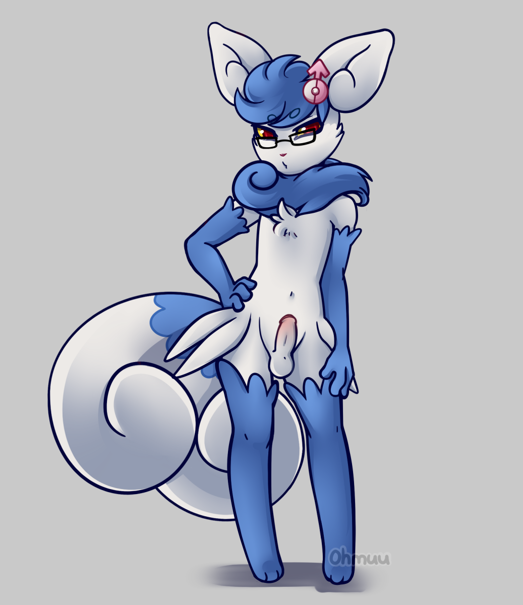 1boy anthro blue_fur erection eyewear feet femboy fur furry girly glasses hand_on_hip hi_res looking_at_viewer male meowstic navel nintendo no_nipples nude ohmuu paws penis pokemon red_eyes rule_63 simple_background solo standing testicles text uncut video_games white_fur