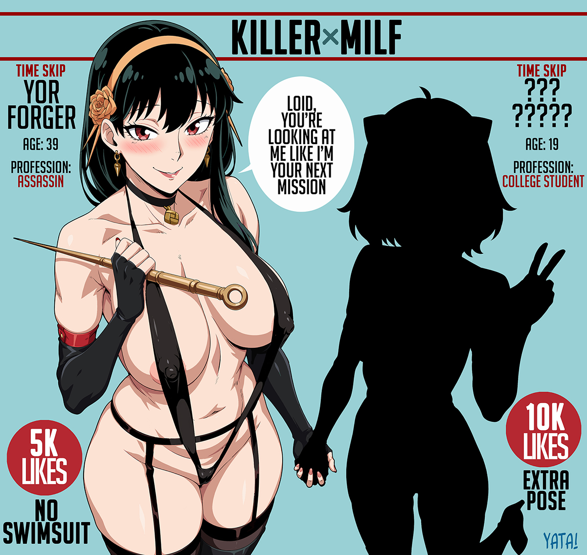 2girls, areola slip, assassin, black hair, breasts, choker, elbow gloves, female, female human, female only, garter straps, gold hairband, hairband, headband, holding hands, human, milf, mother, older female, sling bikini, spy x family, text, thorn princess, weapon, yatagarasupen, yor briar, yor forger