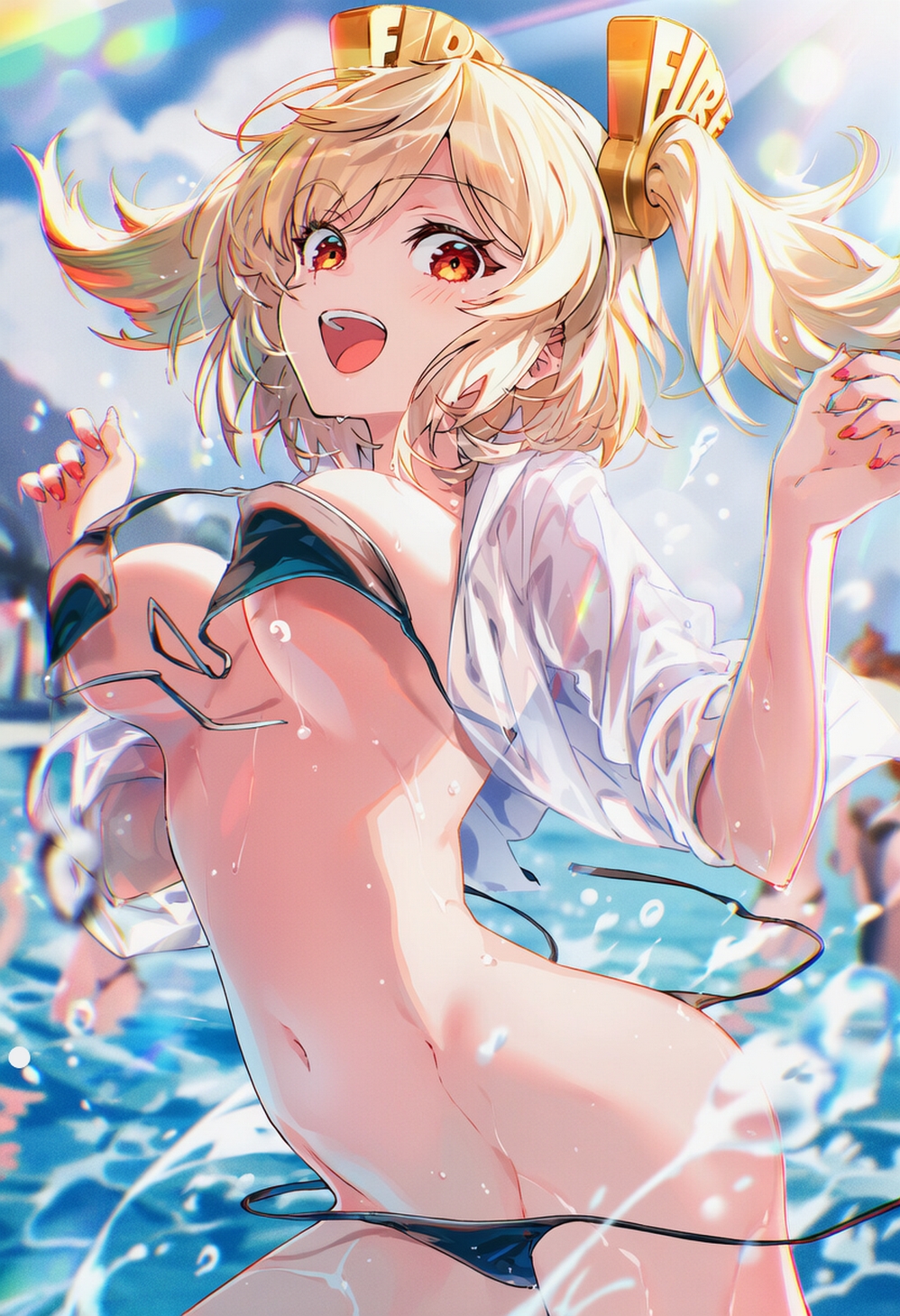 ai generated, bikini, bikini bottom removed, bikini top removed, breasts, burnice white, cloudy sky, curvy body, curvy female, female, female focus, female only, happy female, jiggling breasts, raaicave, sky background, zenless zone zero