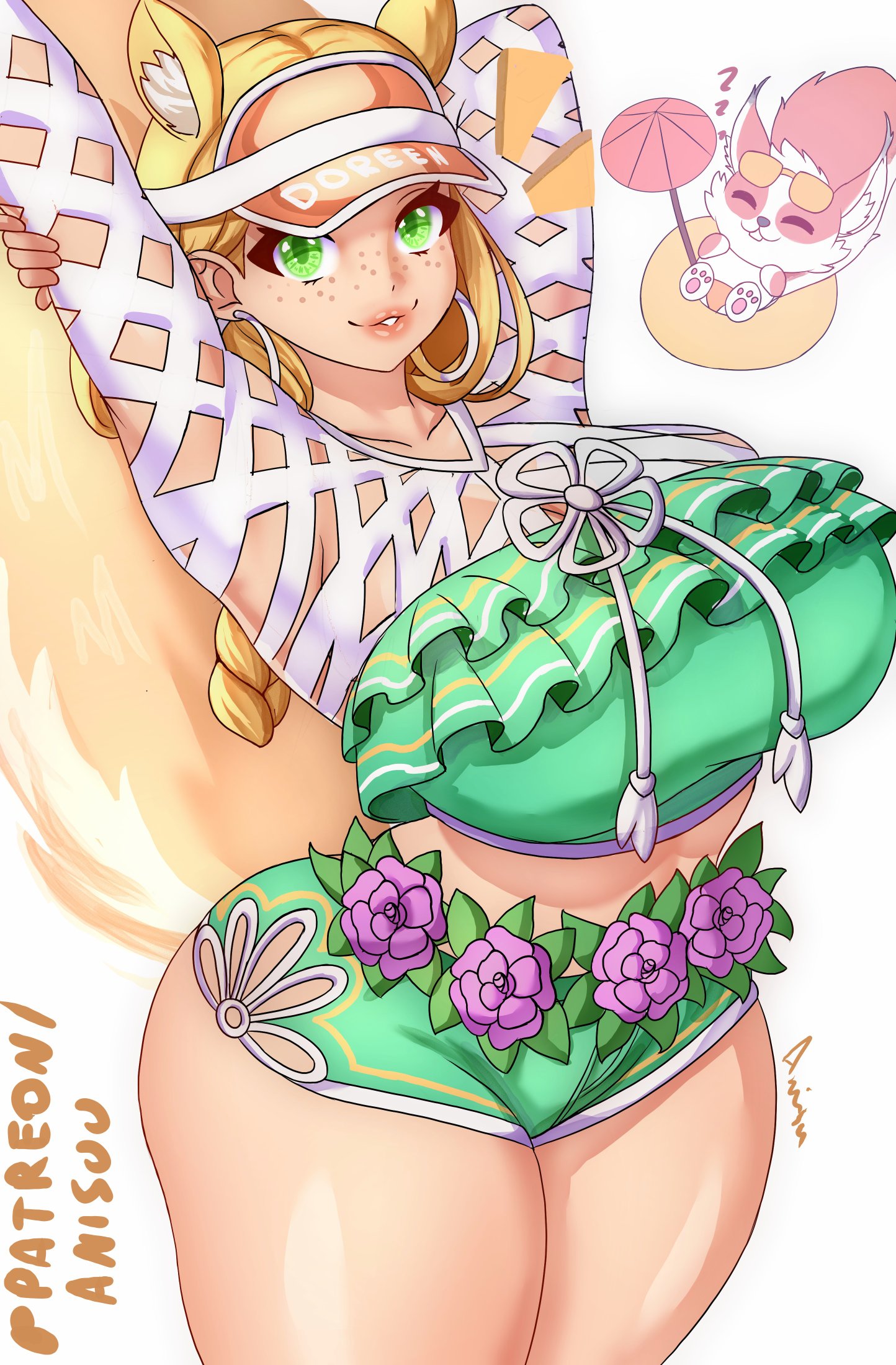 1girls, 2d, alternate costume, anisdrawn, ass, big breasts, breasts, clothed, clothed female, curvaceous, curvy, curvy figure, dolphin shorts, doreen green, female, female focus, female only, hoop earrings, large breasts, marvel, marvel comics, marvel rivals, shorts, solo, squirrel girl (marvel rivals), squirrel girl (marvel), squirrel girl (sunshine squirrel), thick thighs, thighs, wide hips
