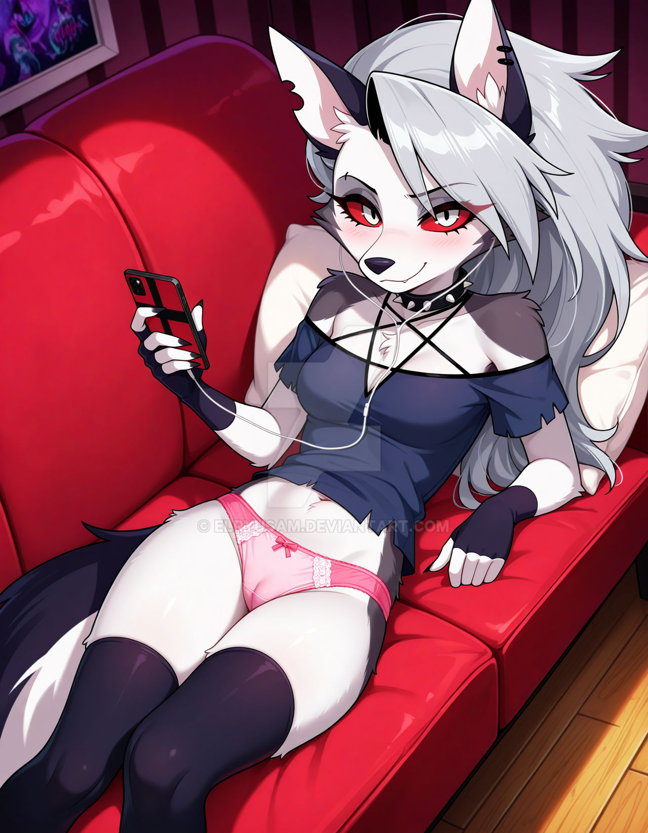 2025 ai_generated black_dot_eyes deviantart elryusam furry_ears furry_female furry_nose furry_tail headphones headphones_around_neck headphones_on_head helluva_boss holding_smartphone loona_(helluva_boss) meta not_porn pink_panties pink_underwear smartphone underwear vivziepop white_eyes white_hair youtube