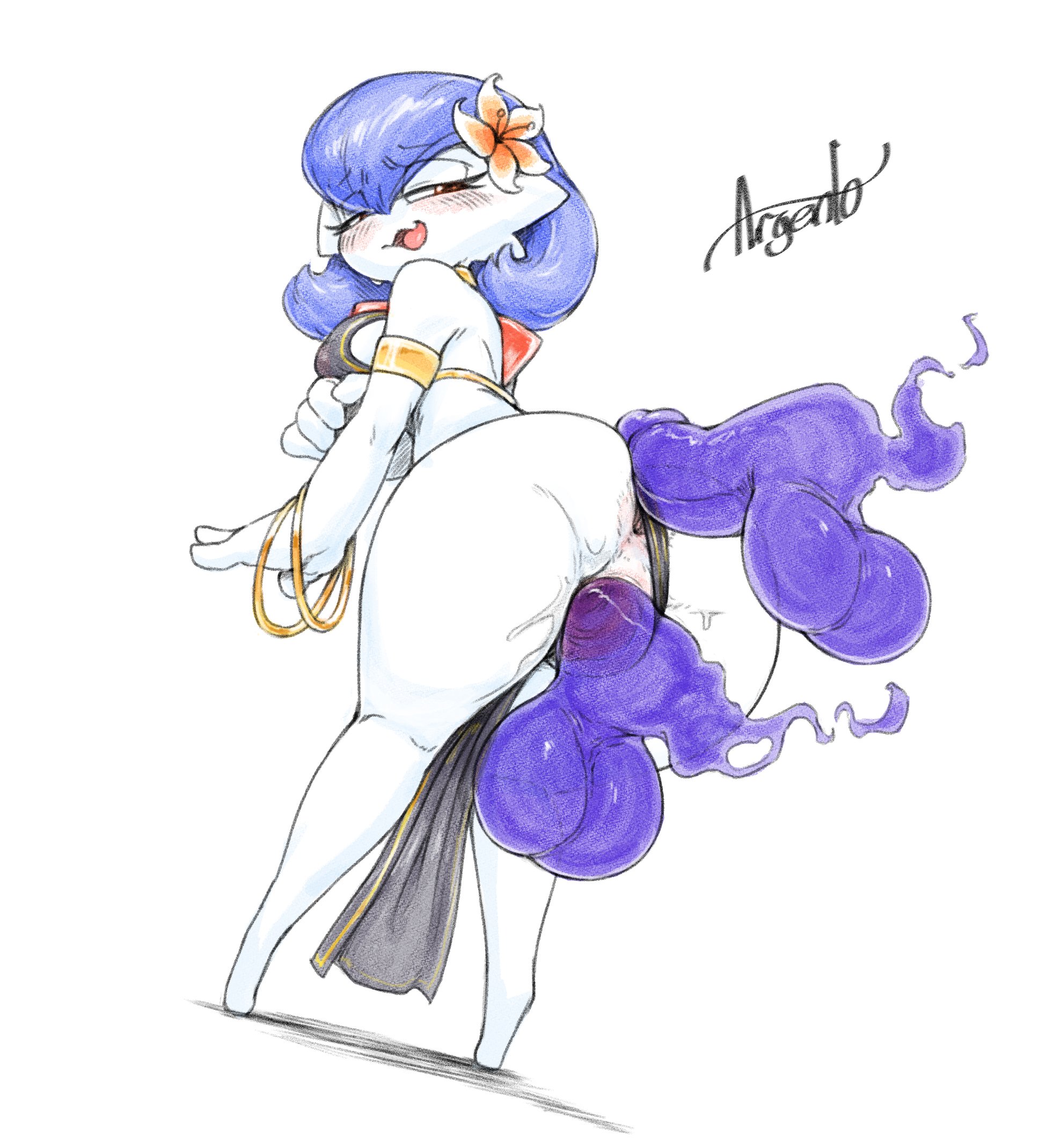 argento, ass, blue hair, breasts, female, gardevoir, medium breasts, orange eyes, pokémon (species), pokemon, pokemon (species), presenting, presenting ass, presenting hindquarters, short hair, thick ass, thick legs, thick thighs, violet (polyvoir), white body, white skin, wide hips, wide thighs
