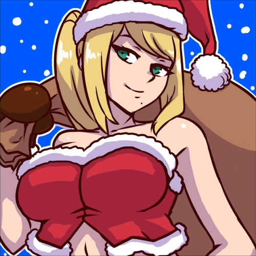 akairiot, blonde hair, blue background, breasts, brown gloves, female, fully clothed, gloves, green eyes, long hair, lowres, metroid, mole, mole under eye, navel, nintendo, pointy chin, samus aran, santa costume, simple background, smile, snowing, solo, super smash bros.