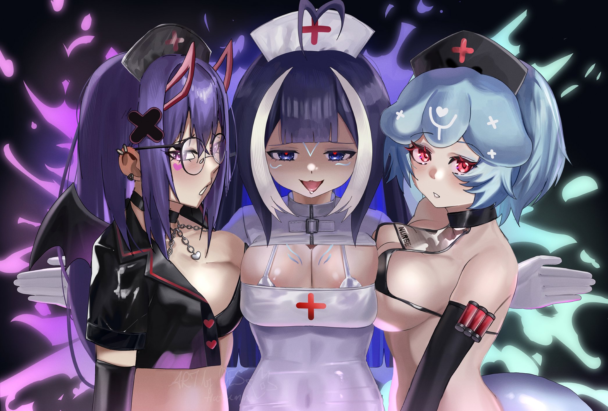3girls, akuma nihmune, bao (vtuber), black gloves, blue eyes, blue hair, breasts, cleavage, clothed, clothing, des hatsumine, devious grin, female, female only, glasses, gloves, hat, huge breasts, indie virtual youtuber, light skin, light-skinned female, looking at viewer, nurse, nurse cap, nurse uniform, orca girl, pink eyes, purple hair, red eyes, round glasses, shylily, tail, the bikini bottoms, tongue, tongue out, trio, uniform, virtual youtuber, whale girl, whale tail, white gloves
