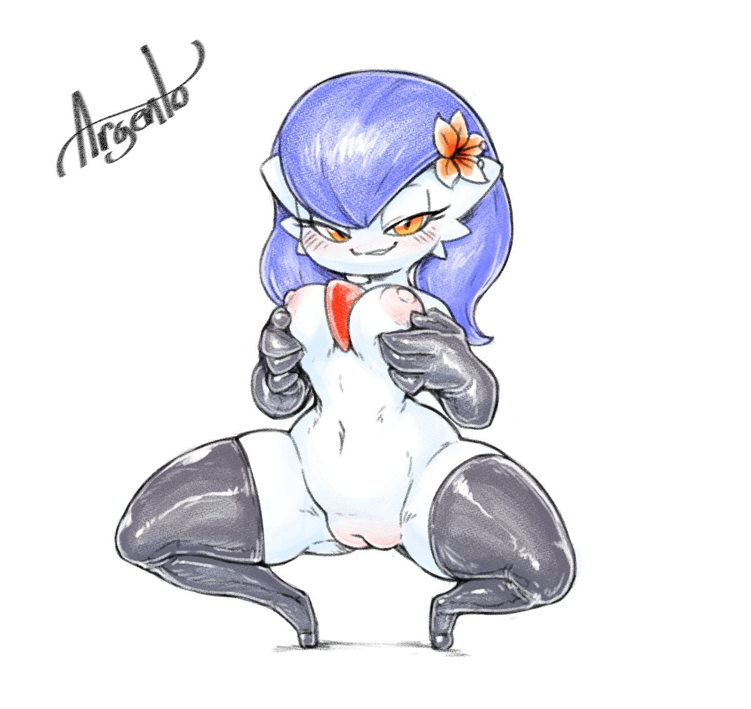 argento, ass, blue hair, breasts, female, gardevoir, medium breasts, orange eyes, pokémon (species), pokemon, pokemon (species), short hair, thick ass, thick legs, thick thighs, thighhighs, violet (polyvoir), white body, white skin, wide hips, wide thighs