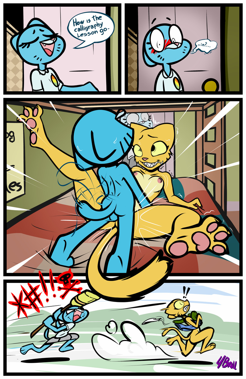 1boy, 1girls, 2girls, age difference, anthro, anthro female, anthro male, anthro on anthro, anthro only, anthro penetrated, anthro penetrating, anthro penetrating anthro, blue body, blue fur, cartoon network, cat, cat boy, cat girl, caught, caught by mother, caught in the act, cub, dialogue, domestic cat, english, english text, eyebrows, eyelashes, felid, feline, felis, female, female penetrated, fourball, fur, furry, furry female, furry male, furry only, gumball watterson, intraspecies, katia managan, larger female, larger penetrated, male, male cub, male penetrating, male penetrating female, male/female, microsoft, milf, mother, mother and child, mother and son, nicole watterson, older female, older female and younger male, older penetrated, parent, parent and child, parent and son, prequel adventure, size difference, smaller male, smaller penetrating, smaller penetrating bigger, son, speech bubble, text, the amazing world of gumball, the elder scrolls, url, whiskers, young, young anthro, young male, younger male, younger penetrating, younger penetrating older