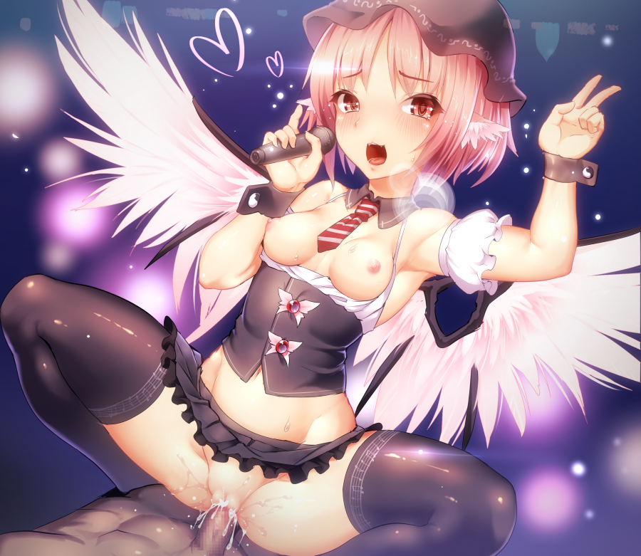 animal_ears ayagi_daifuku black_legwear blush breasts breasts_out censored cowgirl_position cum cum_in_pussy detached_collar detached_sleeves female hat heart looking_at_viewer microphone microskirt mystia_lorelei navel necktie nipples no_panties open_mouth penetration penis pink_hair pussy sex short_hair singing skirt small_breasts solo_focus straight striped striped_necktie tears thighhighs touhou v vaginal_penetration wings wrist_cuffs