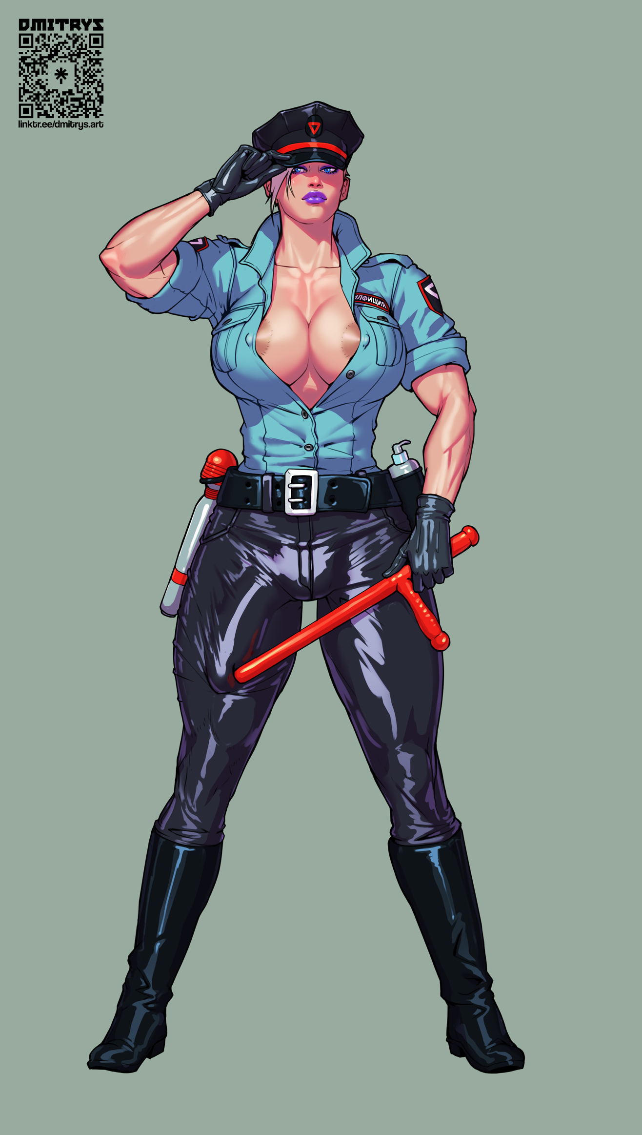 1futa, areolae, big areola, big breasts, big girl, breasts, cameltail, dmitrys, female, futa only, futanari, intersex, meryl (dmitrys), mostly nude, muscle mommy, muscles, muscular female, nipples, police uniform, solo, standee, toned