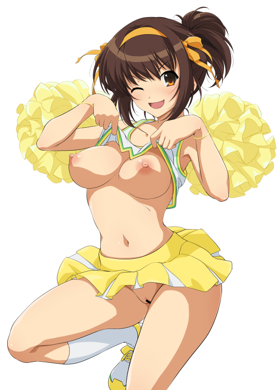 alternate hairstyle, areolae, bar censor, breasts, brown eyes, brown hair, censored, cheerleader, clothing, crop top, female, hairband, haruhisky, miniskirt, nipples, no panties, one eye closed, pom poms, pussy, shirt, shirt lift, short hair, short ponytail, skirt, small breasts, solo, standing on one leg, suzumiya haruhi, suzumiya haruhi no yuuutsu, thighs