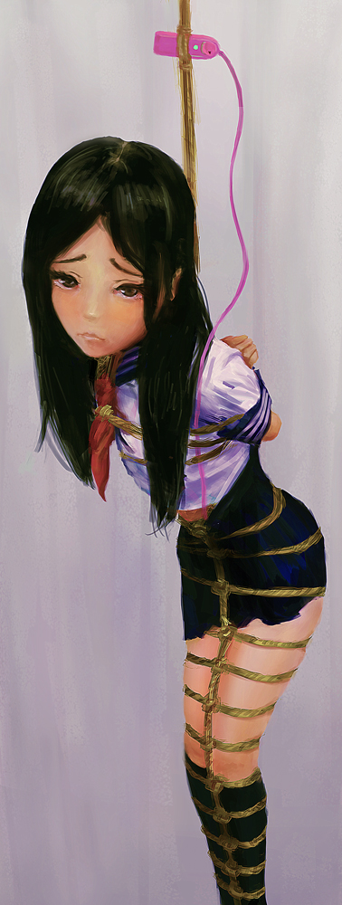 bondage, bound, box tie, female, ikelag, kinbaku, long hair, school uniform, serafuku, solo, vibrator