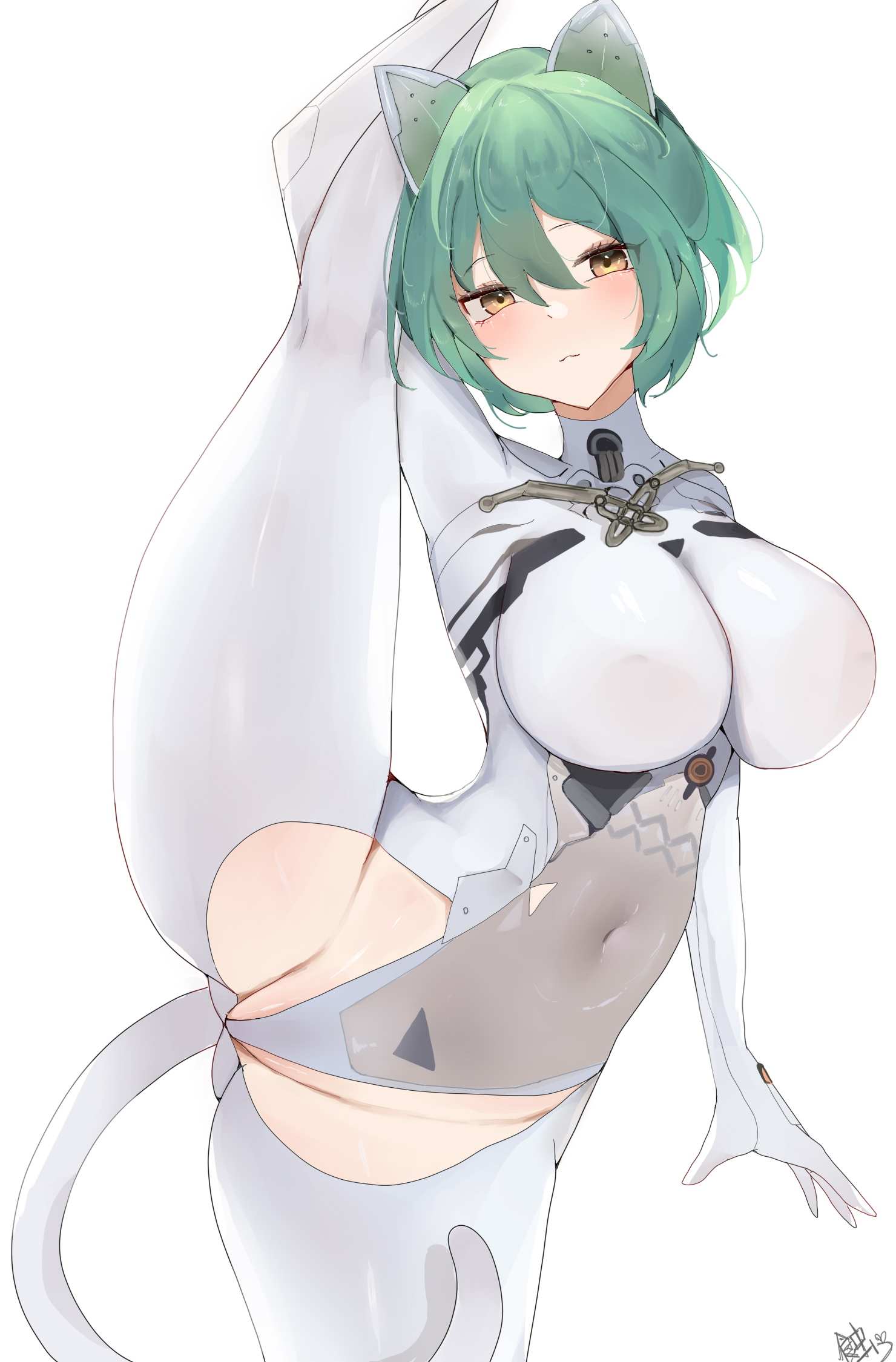 1girls, 2024, 2d, 2d (artwork), 2d artwork, admiral nakhimov (azur lane), animal ears, azur lane, breasts, cat ears, color, colored, covered navel, crotch cutout, fake animal ears, fake cat ears, female, female only, full body suit, green hair, hair between eyes, huge breasts, impossible bodysuit, impossible clothes, leg up, light skin, light-skinned female, no text, northern parliament (azur lane), short hair, signature, simple background, tail, white background, white clothing, yellow eyes