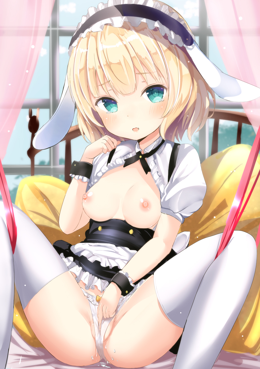 animal_ears blonde_hair blush bondage bound breasts breasts_out dress female female_only fleur_de_lapin_uniform green_eyes highres human is_the_order_a_rabbit? maid maid_headdress masturbation morerin panties partially_visible_vulva pussy_juice ribbon ribbon_bondage sharo_kirima short_hair sitting solo spread_legs thighhighs uncensored underwear wrist_cuffs