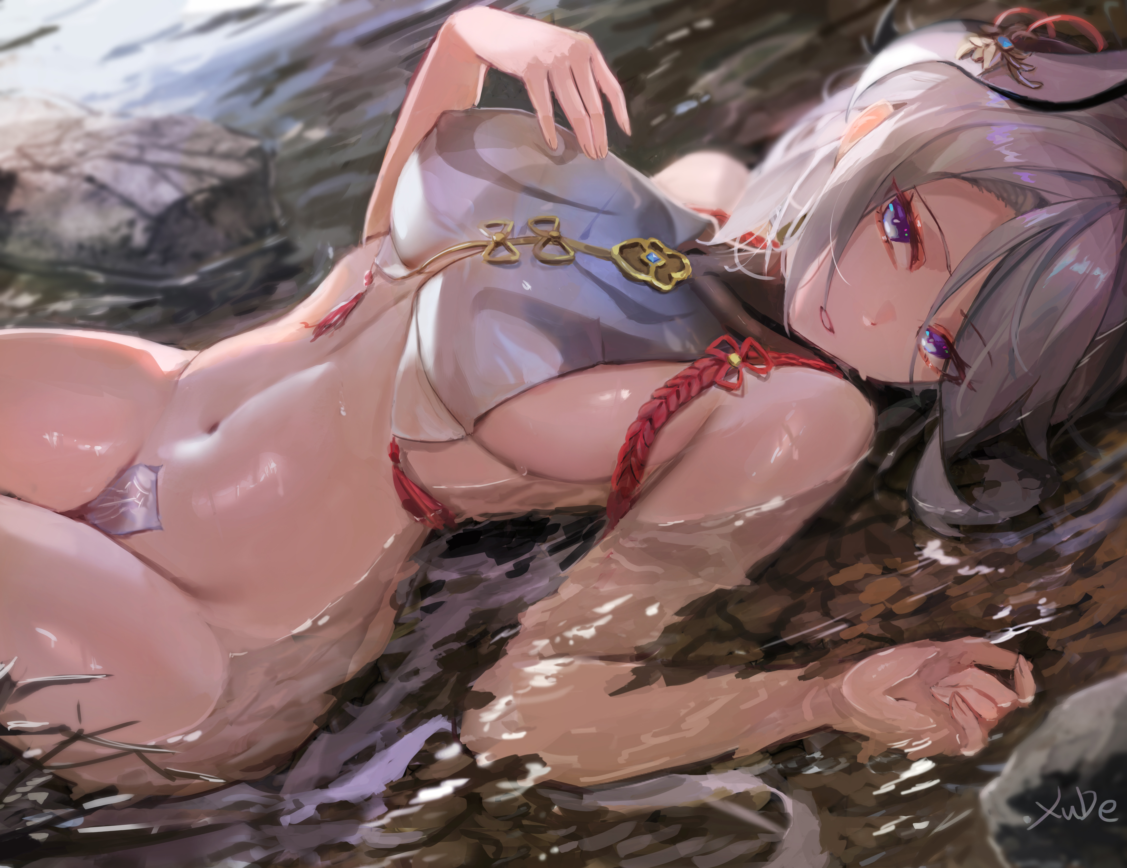 breasts, female, genshin impact, highres, laying down, shenhe (genshin impact), solo, solo female, tagme, water, wet, xude