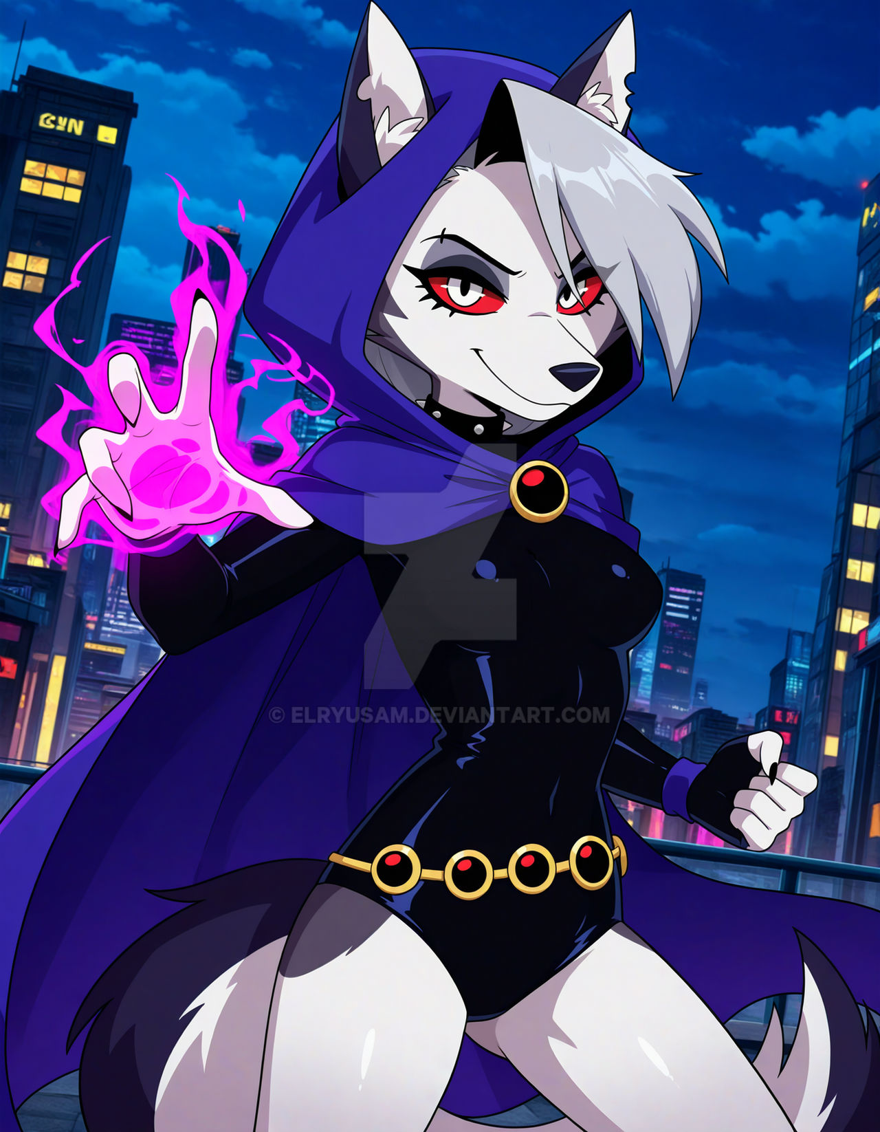 ai_generated black_dot_eyes cartoon_network cosplay cosplayer dc_super_hero_girls dcau furry_ears furry_female furry_nose furry_tail helluva_boss loona_(helluva_boss) not_porn pink_fire raven_(cosplay) raven_(teen_titans) teen_titans vivziepop white_eyes white_hair youtube