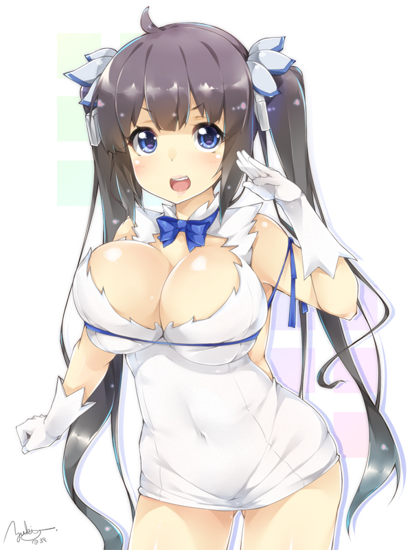 black_hair blue_eyes breasts cleavage dungeon_ni_deai_wo_motomeru_no_wa_machigatteiru_darou_ka female gloves hair_ribbon hestia_(danmachi) large_breasts long_hair open_mouth rei_no_himo ribbon signature simple_background solo tied_hair twintails white_background white_gloves yukinon