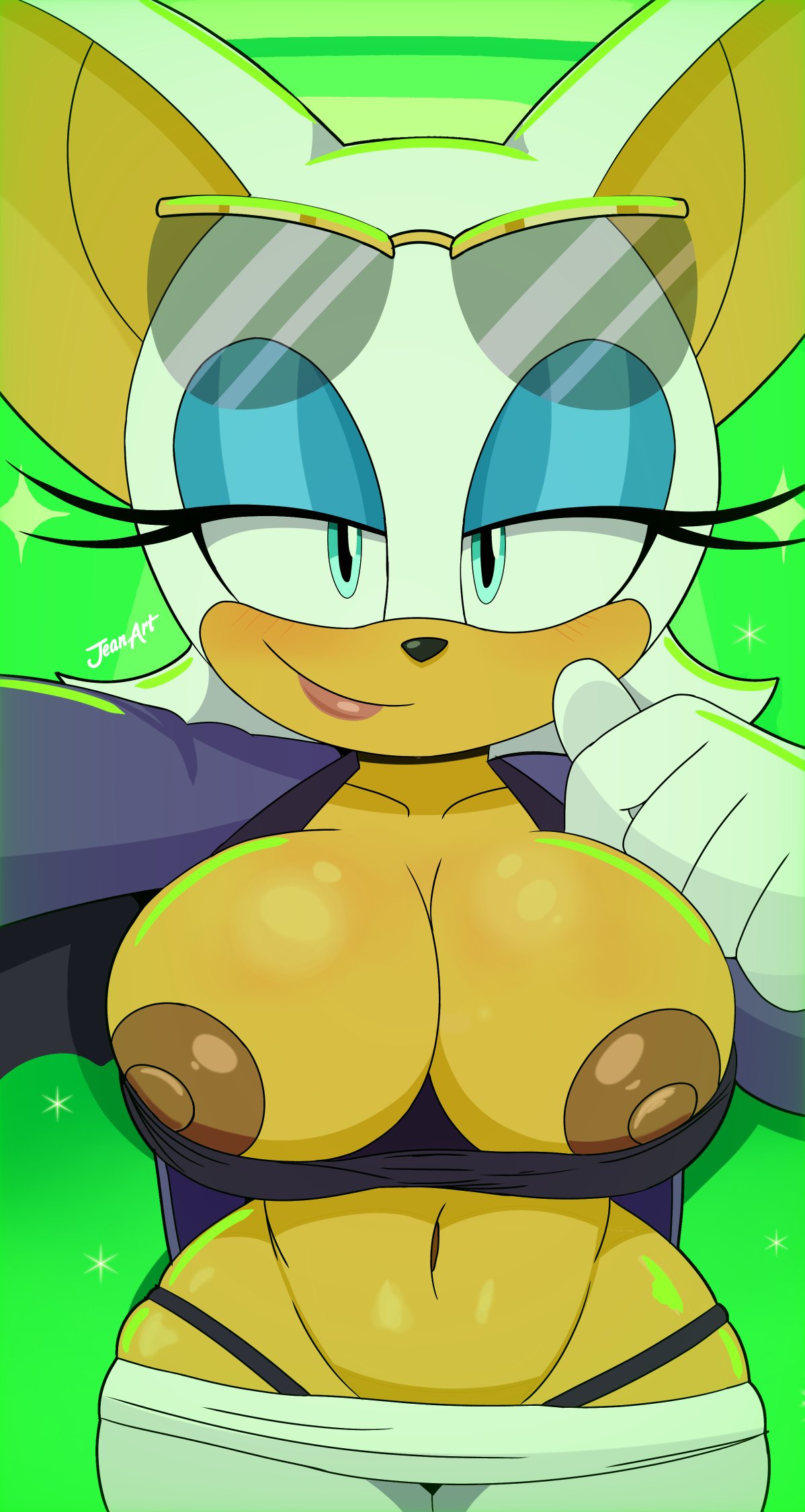 1girls, alternate version available, anthro, areolae, bat ears, big areola, big breasts, big nipples, bimbo, black thong, blue eyes, blue eyeshadow, breast focus, breasts, breasts out, brown nipples, clothing, dark nipples, exposed breasts, eyeshadow, female, female only, half-closed eyes, huge areolae, huge breasts, huge nipples, jeanart, lips, nipple slip, nipples, presenting breasts, rouge the bat, smile, solo, solo female, sonic, sonic (series), sonic the hedgehog (series), the murder of sonic the hedgehog, thong