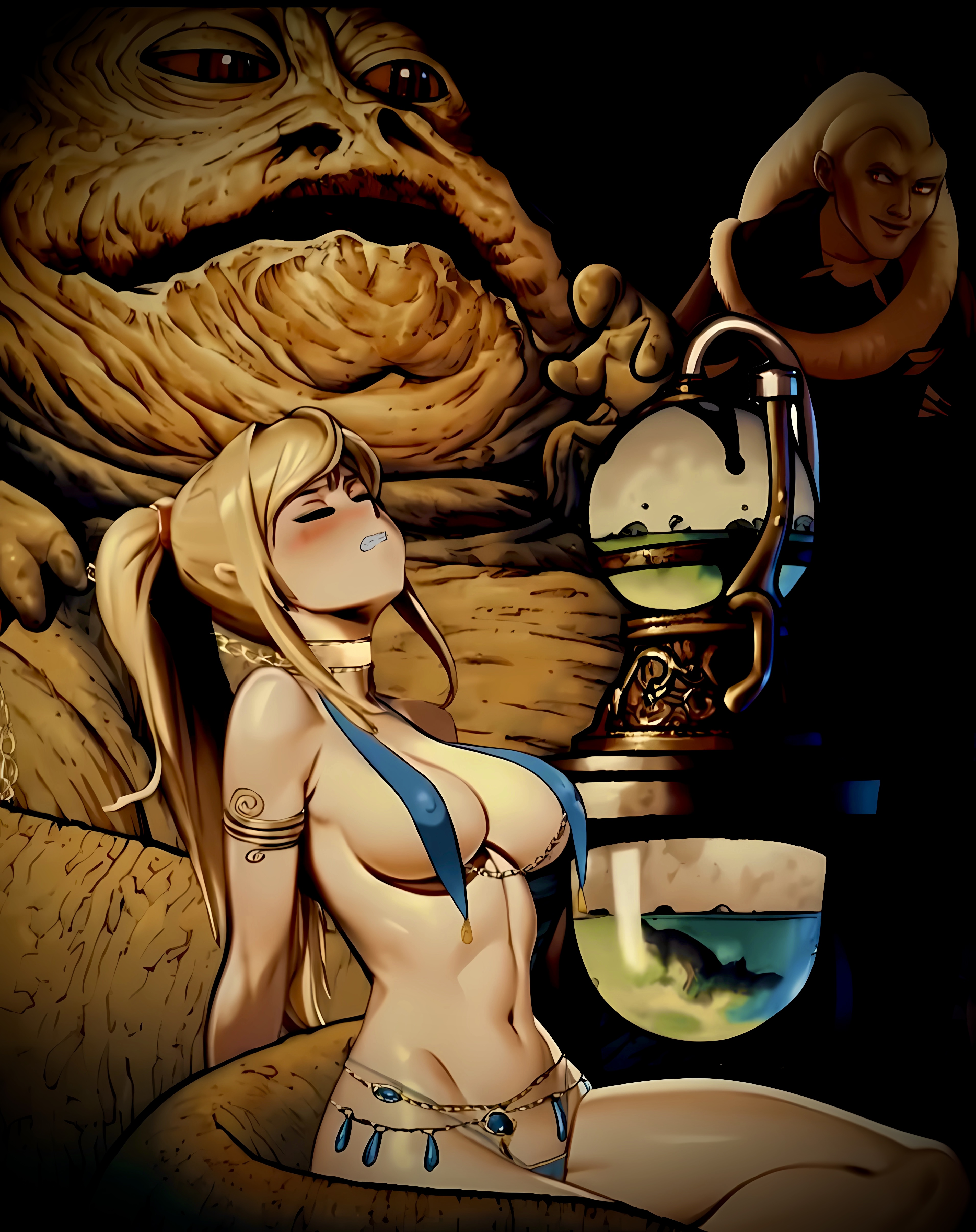 ai generated, alien, anthro, arm bracelet, artist request, bare arms, bare legs, bare midriff, bare shoulders, bare thighs, barely clothed, bib fortuna, big breasts, blonde hair, bondage, breast curtains, breasts, chain leash, chains, choking, clenched teeth, closed eyes, collar, decoration, defeat, defeated, defeated heroine, dominant male, dominated, dominated female, domination, edit, enslaved, fat male, female, fit female, giant slug, gold chain, gold collar, harem jewelry, hookah, humiliated, humiliating, humiliation, hutt, jabba the hutt, jabba's palace, large breasts, leash, leash pull, leashed female, light choking, male, master, metroid, multiple males, nintendo, nipple bulge, nipple chain, nipple piercing, nipple rings, nipples, nipples visible through clothing, owned, owned bitch, ownership, perfect body, piercing, ponytail, pulled by another, pulling chain, red eyes, samus aran, sex slave, slave, slave collar, slave girl, slave outfit, slave samus, smug smile, star wars, tail grab, tail wrap, tassles, third-party edit, throne room, toned stomach, trophy