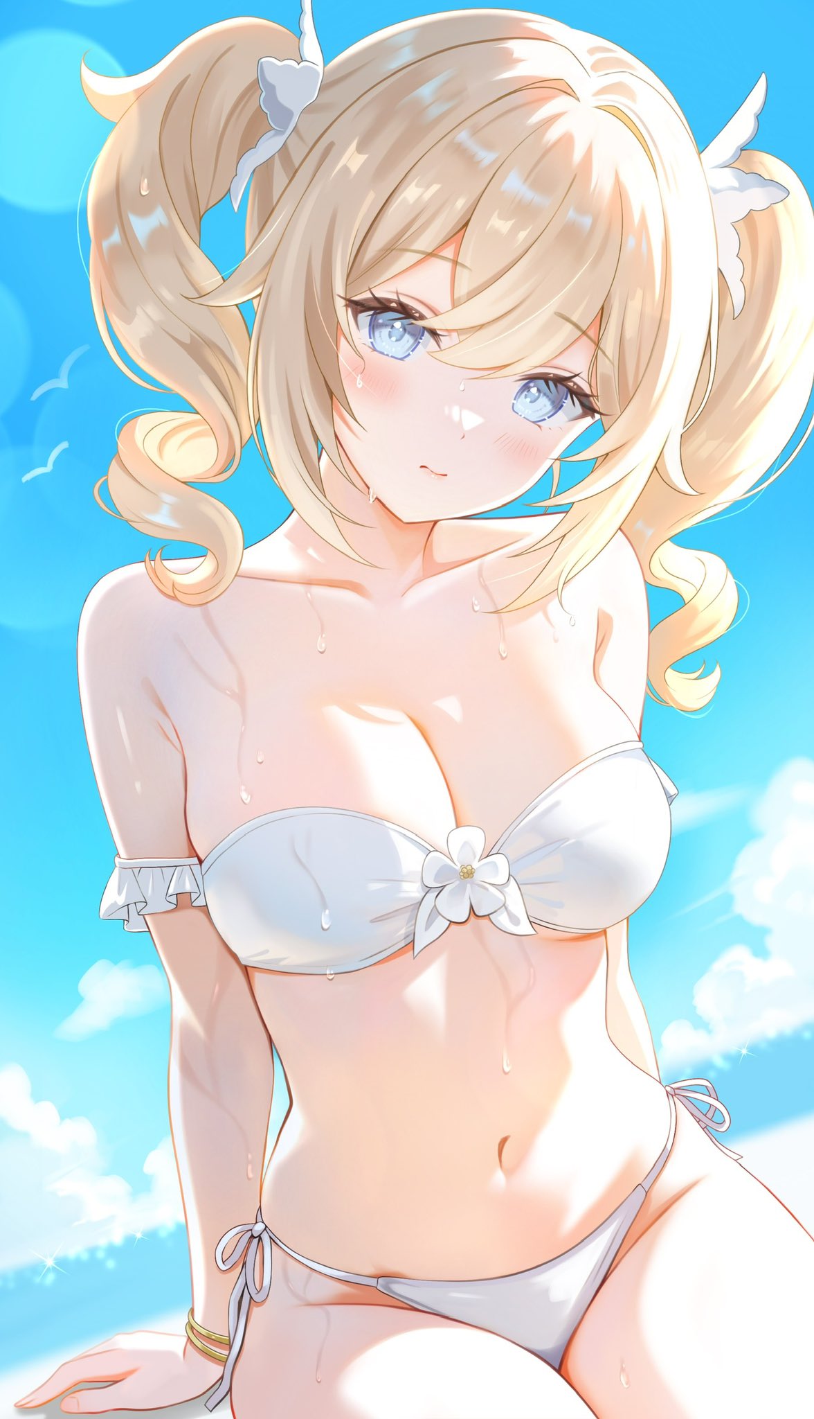 1girls, 2d, 2d (artwork), alternate costume, barbara (genshin impact), beach, blonde hair, blue eyes, blush, bra, breasts, cleavage, clouds, day, female, female focus, female only, front view, genshin impact, high resolution, highres, light skin, light-skinned female, looking at viewer, medium breasts, nasii, ocean, outdoors, pigtails, sand, sitting, sky, slim female, smiling, smiling at viewer, solo, solo female, solo focus, summer, swimsuit, thong, thong bikini, two piece swimsuit, water, wet, wet body, white bikini, white bikini bottom, white bikini top, white bra, white swimsuit, white thong, young, younger female