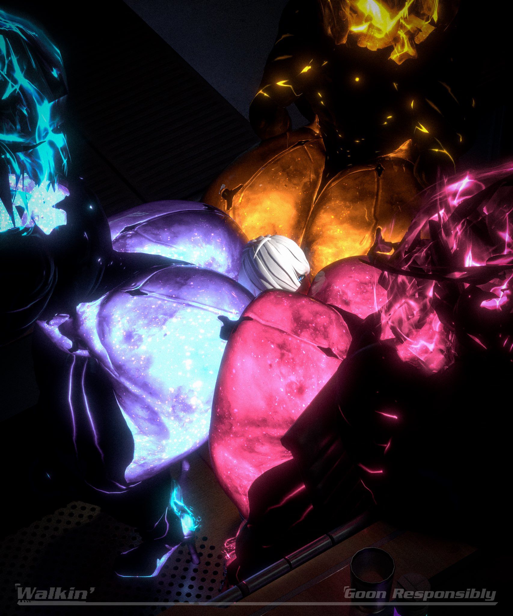 1boy, 3d, 3girls, ass, ass in face, between buttocks, big ass, ember (warframe), ember heirloom (warframe), female, huge ass, keeponwalkin, larger female, male, smaller male, thick ass, thick thighs, warframe