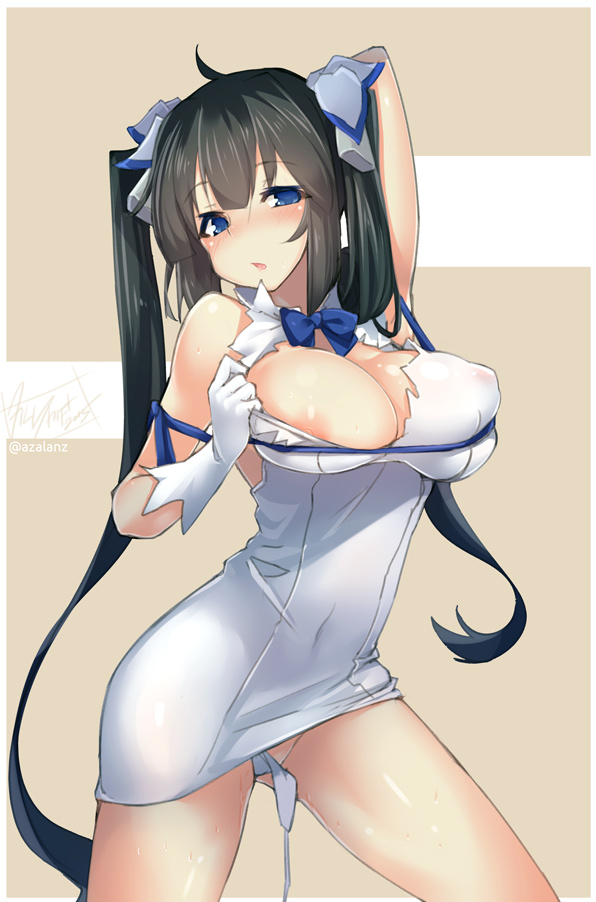 areolae black_hair blue_eyes blush breasts dress dress_pull dungeon_ni_deai_wo_motomeru_no_wa_machigatteiru_darou_ka erect_nipples female gloves hair_ribbon hestia_(danmachi) large_breasts long_hair nipple_slip nipples open_mouth rei_no_himo ribbon solo tied_hair tilt-shift tilt-shift_(azalanz) twintails white_dress white_gloves