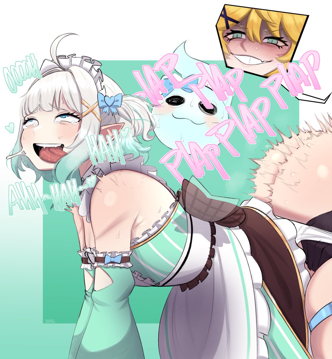 1futa, 1girls, ahe gao, ahegao, ahegao face, ass, bending, bending over, big ass, big penis, big thighs, blonde hair, blue eyes, breasts, butt, densetsu.exe, dialogue, doggy style, doggystyle, dokibird, elf, elf ears, elf female, elf girl, fangs, female, futa on female, futanari, gigantic ass, gigantic thighs, huge ass, huge thighs, indie virtual youtuber, intersex, maid mint, mint fantome, moan, moaning, moaning in pleasure, naughty, naughty face, naughty smile, offscreen character, open mouth, penetration, penis, penis in pussy, plap, plapping, plapping big butt, pussy, sex, small breasts, smile, smiling, smiling at partner, sweat, sweatdrop, sweating, text, thick thighs, thighs, tongue, tongue out, virtual youtuber, vtuber, wisps (mint fantome), yamathegod