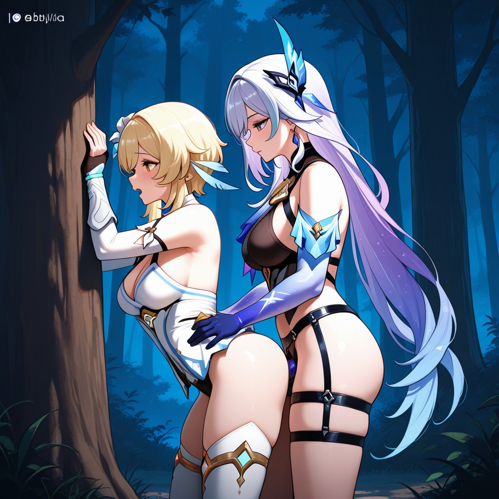 ai generated, anal, defeat, defeated, domination, female, forest, genshin impact, lesbian sex, lumine (genshin impact), skirk (genshin impact), strap-on, strapon