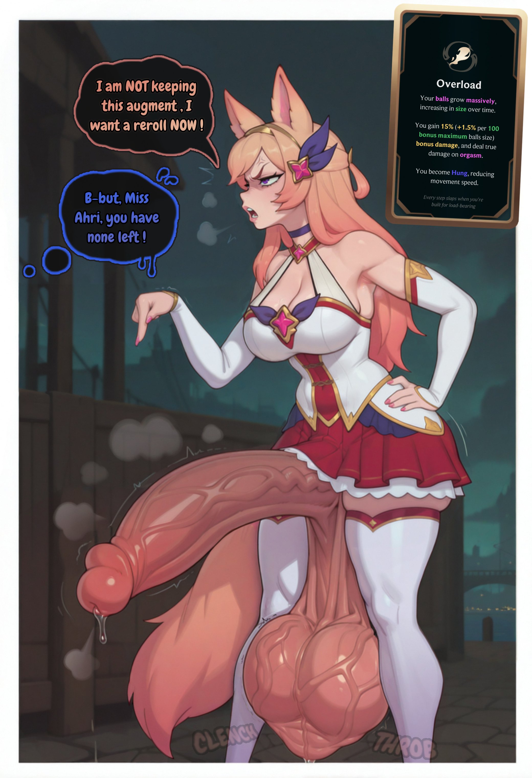 1futa, 2025, abs, ahri, ai assisted, ai generated, angry, armpits, balls expansion, big balls, big breasts, big penis, casual, casual exposure, casual nudity, child bearing hips, cleavage, covered abs, dialogue, erection, fox ears, fox futa, fox tail, futa only, futanari, gameplay mechanics, hair ornament, hand on hip, huge balls, huge breasts, huge cock, hung futa, hyper balls, hyper penis, league of legends, light skin, looking away, musk, musk clouds, noonyx, orange hair, pointing at penis, precum, precum drip, purple eyes, solo, standing, star guardian ahri, star guardian series, sweat, sweatdrop, sweating, sweaty, sweaty balls, text, thick thighs, thunder thighs, veiny balls