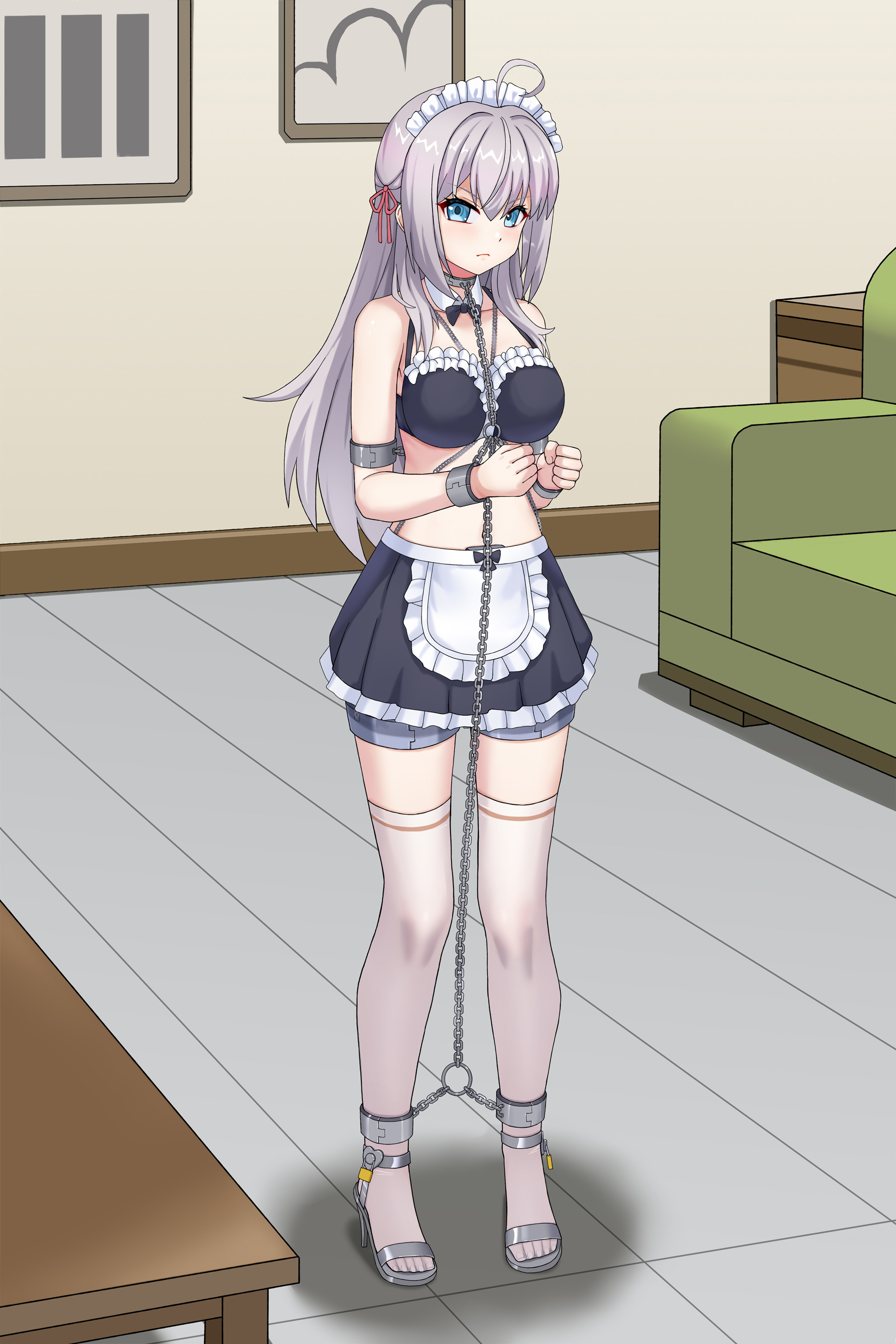 1girls, ahoge, alisa mikhailovna kujou, ankle cuffs, blue eyes, bondage, bound, bound arms, chains, collar, female, female only, femsub, haimei1980, hair, hair ornament, hair ribbon, indoors, locked high heels, long hair, maid, maid headdress, maid uniform, metal collar, open toe shoes, restrained, steel bondage, stockings, submissive, submissive female, thigh cuffs, thighhighs, tokidoki bosotto russian de dereru tonari no alya-san, torture, uniform, very long hair, white hair, white stockings, white thighhighs