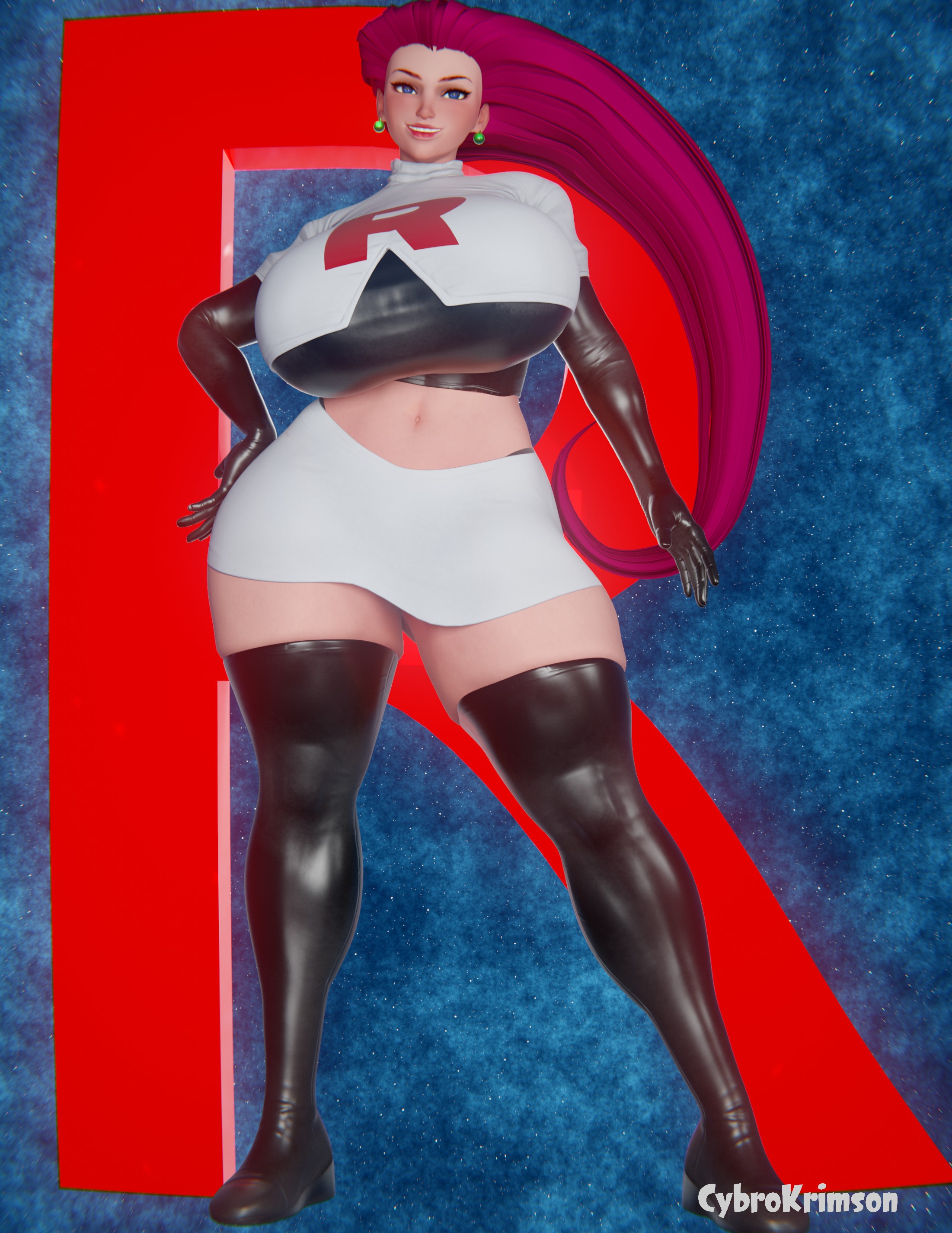 3d, ass, big ass, big breasts, blender, breasts, clothed, cybrokrimson, female, jessie (pokemon), long boots, long gloves, long hair, pokemon, red hair, scrag jessie, thick legs, thick thighs, wide hips