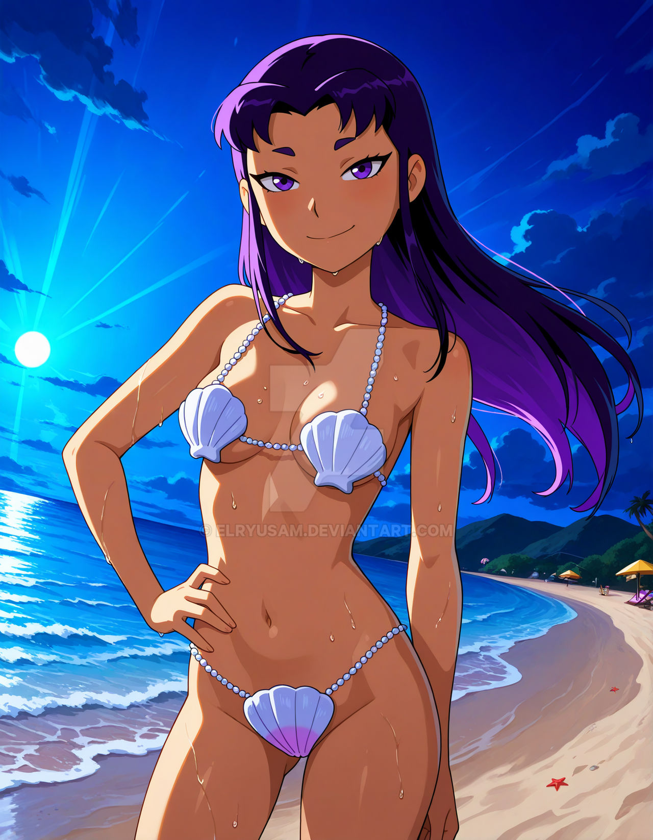 2025, ai generated, beach, belly, blackfire, cartoon network, clouds, deviantart, elryusam, female, meta, moon, moonlight, night, night sky, not porn, orange body, orange cheeks, orange skin, purple eyebrows, purple eyes, purple hair, shell bikini, teen titans, tummy, wet bikini, wet body, wet skin