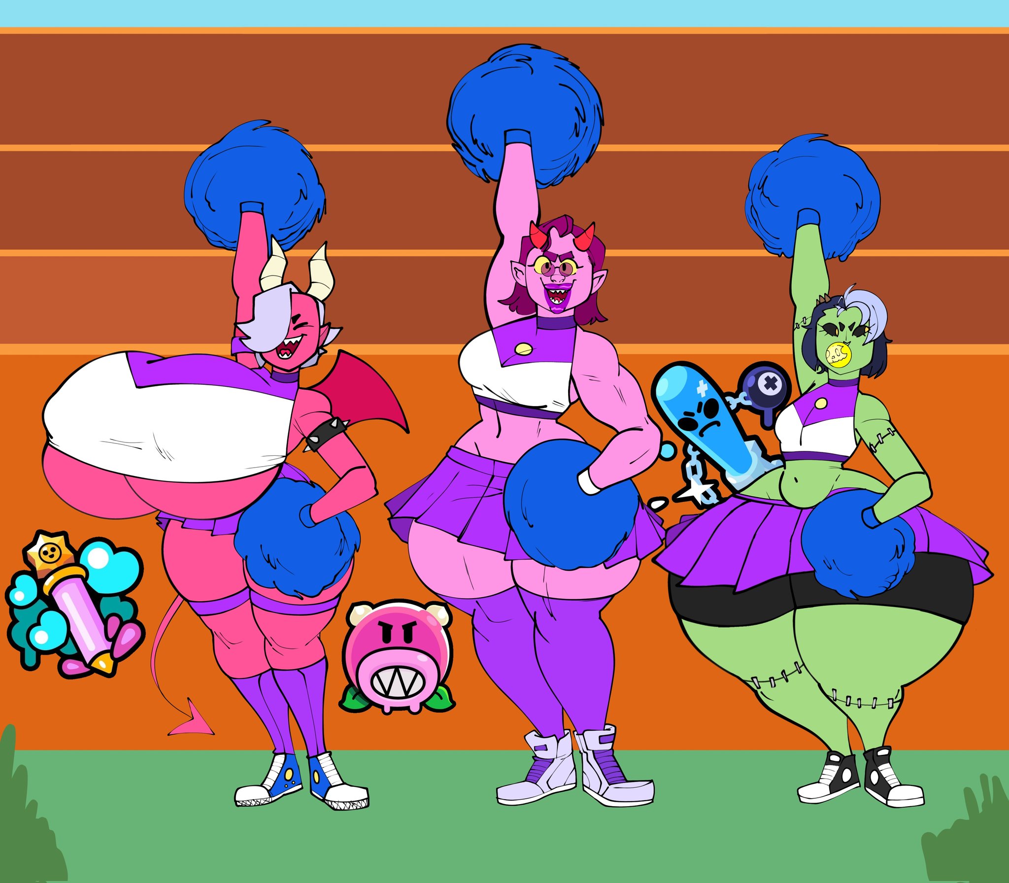 ass, bibi (brawl stars), brawl stars, breasts, cheerleader, cheerleader outfit, cheerleader rosa (brawl stars), cheerleader uniform, colette (brawl stars), demon girl, elpiromanias, fat ass, large ass, large breasts, monster girl, muscular, muscular female, recolor, rosa (brawl stars), sharp teeth, trixie colette (brawl stars), wide ass, wide hips, zombibi (brawl stars), zombie, zombie girl