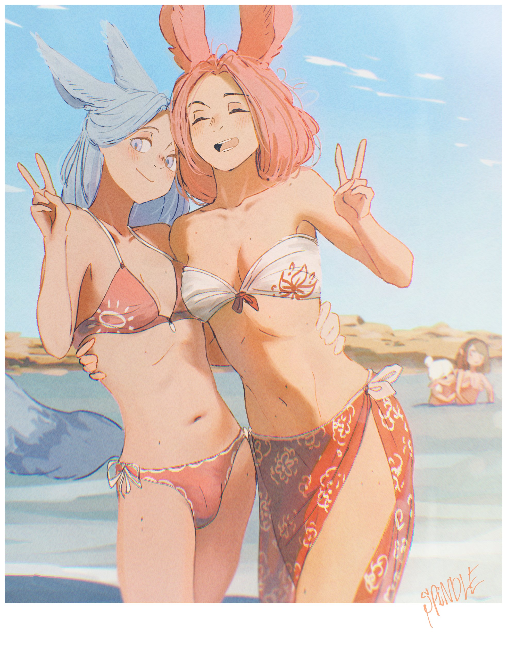 1futa, 2025, 3girls, absurdres, animal ears, asimov (spindle (aidenr0)), background character, background characters, beach, bikini, blue hair, breasts, bunny ears, bunny girl, closed eyes, closed mouth, clothed, clothing, curtained hair, digital media (artwork), felt (spindle (aidenr0)), female, futanari, highres, intersex, lyn (spindle (aidenr0)), medium breasts, mostly nude, multiple females, multiple girls, open mouth, original, original character, original characters, ottilie (spindle (aidenr0)), partially submerged, peace sign, pink hair, polaroid photo, signature, small breasts, smile, spindle (aidenr0), swimsuit, tail, trans woman, transfem, v
