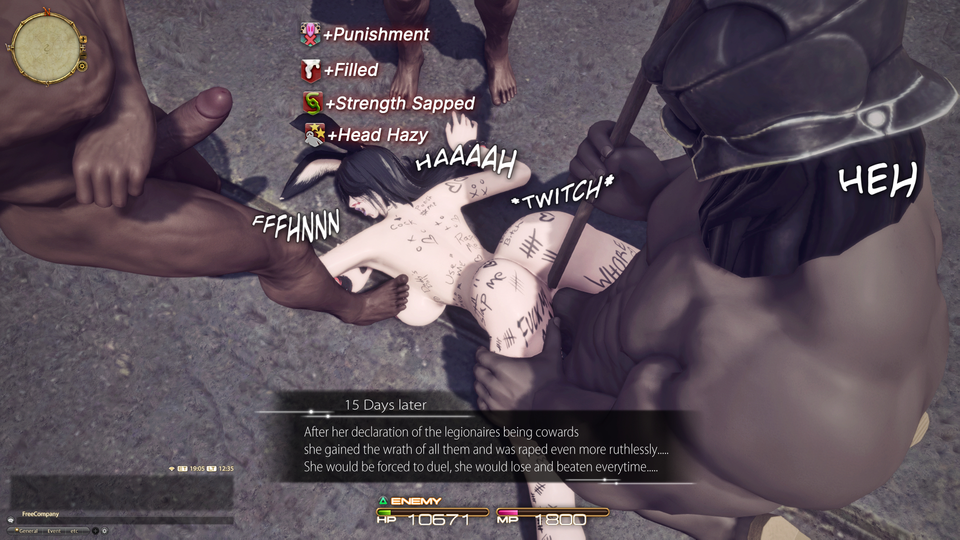 3d, anal object insertion, anonorenk, ass, body writing, breasts, broken rape victim, cutebuneira, dark-skinned male, degradation, erina, female, final fantasy xiv, gameplay mechanics, garlean, gpose (ffxiv), male, multiple males, multiple penises, penis, rape, raped, raped by enemy, self upload, tagme, viera