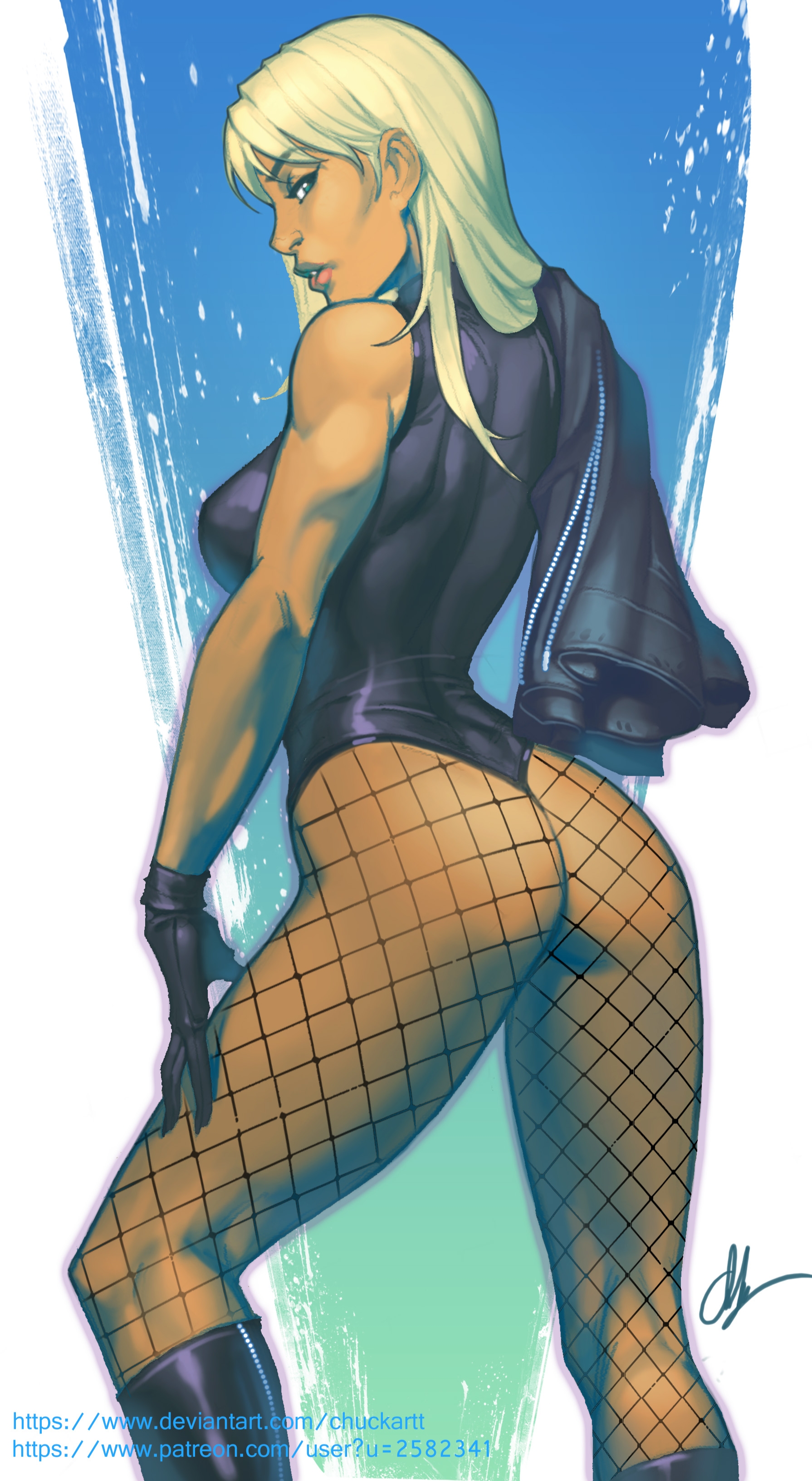 ass, ass focus, ass up, birds of prey, black canary, blonde female, blonde hair, dc, dc comics, dinah lance, fat ass, fat butt, female, gloves, green arrow (series), huge ass, huge butt, jacket, justice league, looking at viewer, looking back, presenting, presenting anus, presenting hindquarters, superhero, superheroine