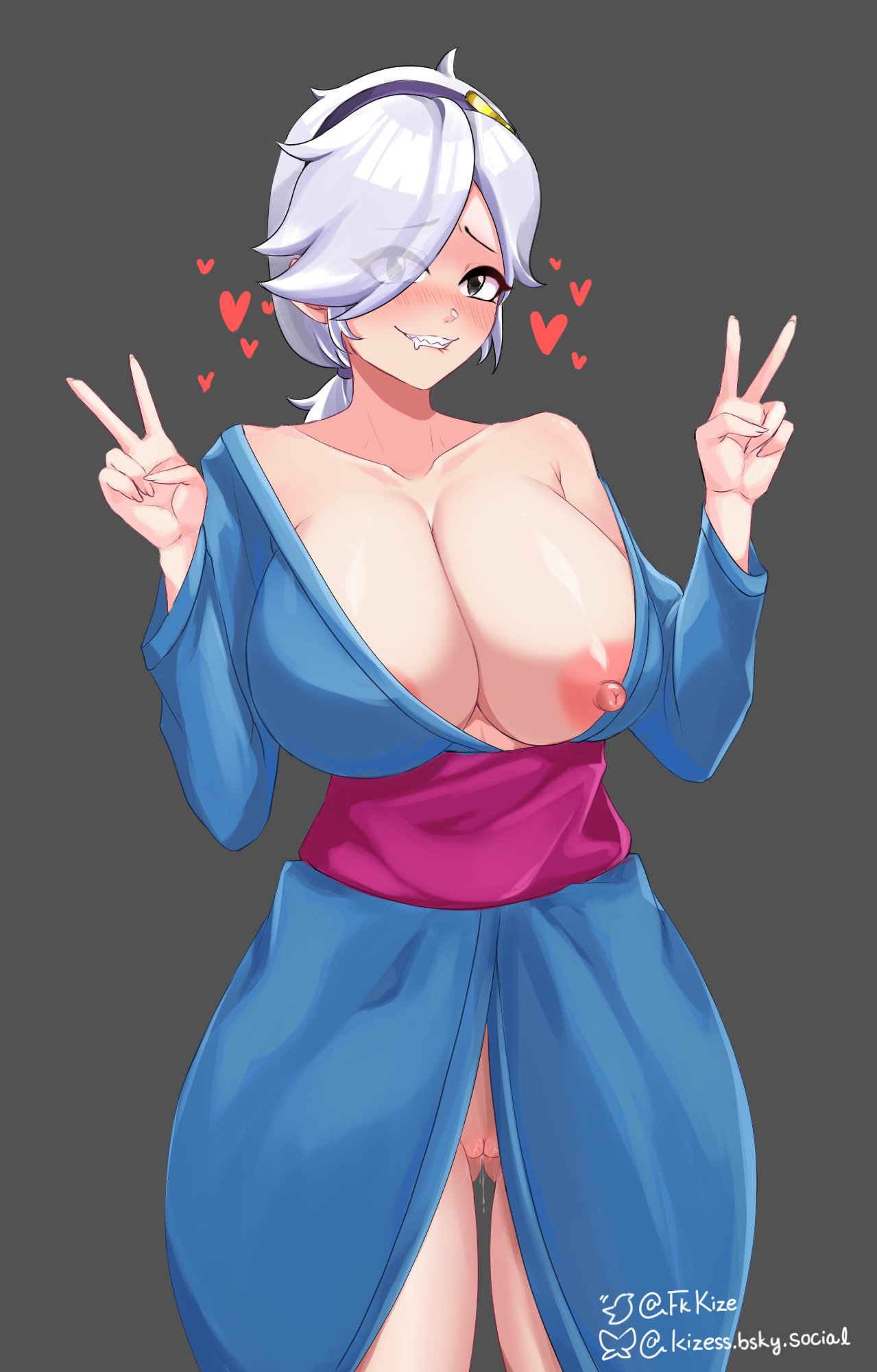 1girls, 2025, areolae, big areola, big breasts, big nipples, black eyes, blue dress, brawl stars, breasts, busty, colette (brawl stars), curvaceous, curvy, curvy body, curvy female, curvy figure, curvy hips, double v, dress, female, female focus, female only, front view, grey background, hair over one eye, hairband, heart, hearts around head, huge breasts, huge nipples, large areolae, large breasts, light skin, light-skinned female, looking at viewer, low ponytail, mostly clothed, mostly clothed female, nipples, no bra, no panties, no underwear, pussy, pussy juice, pussy juice drip, sharp teeth, short hair, slim waist, solo, solo female, solo focus, standing, supercell, tagme (artist), teeth, thick thighs, thin waist, v sign, vagina, voluptuous, voluptuous female, white hair, wide hips, yukata