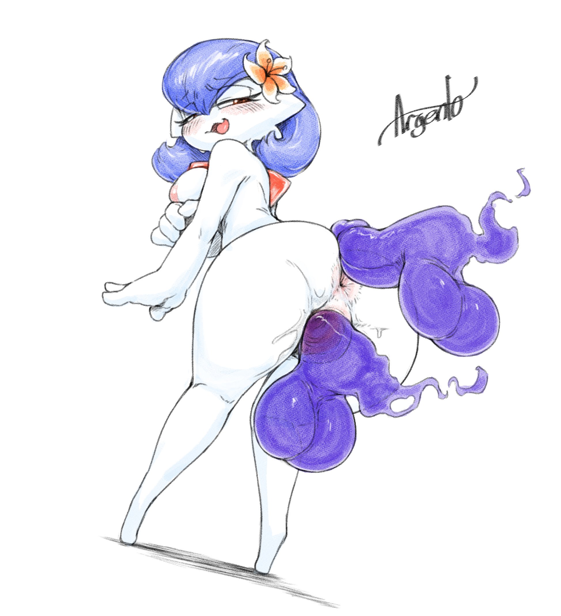 anus, argento, ass, blue hair, breasts, female, gardevoir, medium breasts, orange eyes, pokémon (species), pokemon, pokemon (species), presenting, presenting anus, presenting ass, presenting hindquarters, presenting pussy, pussy, short hair, thick ass, thick legs, thick thighs, violet (polyvoir), white body, white skin, wide hips, wide thighs