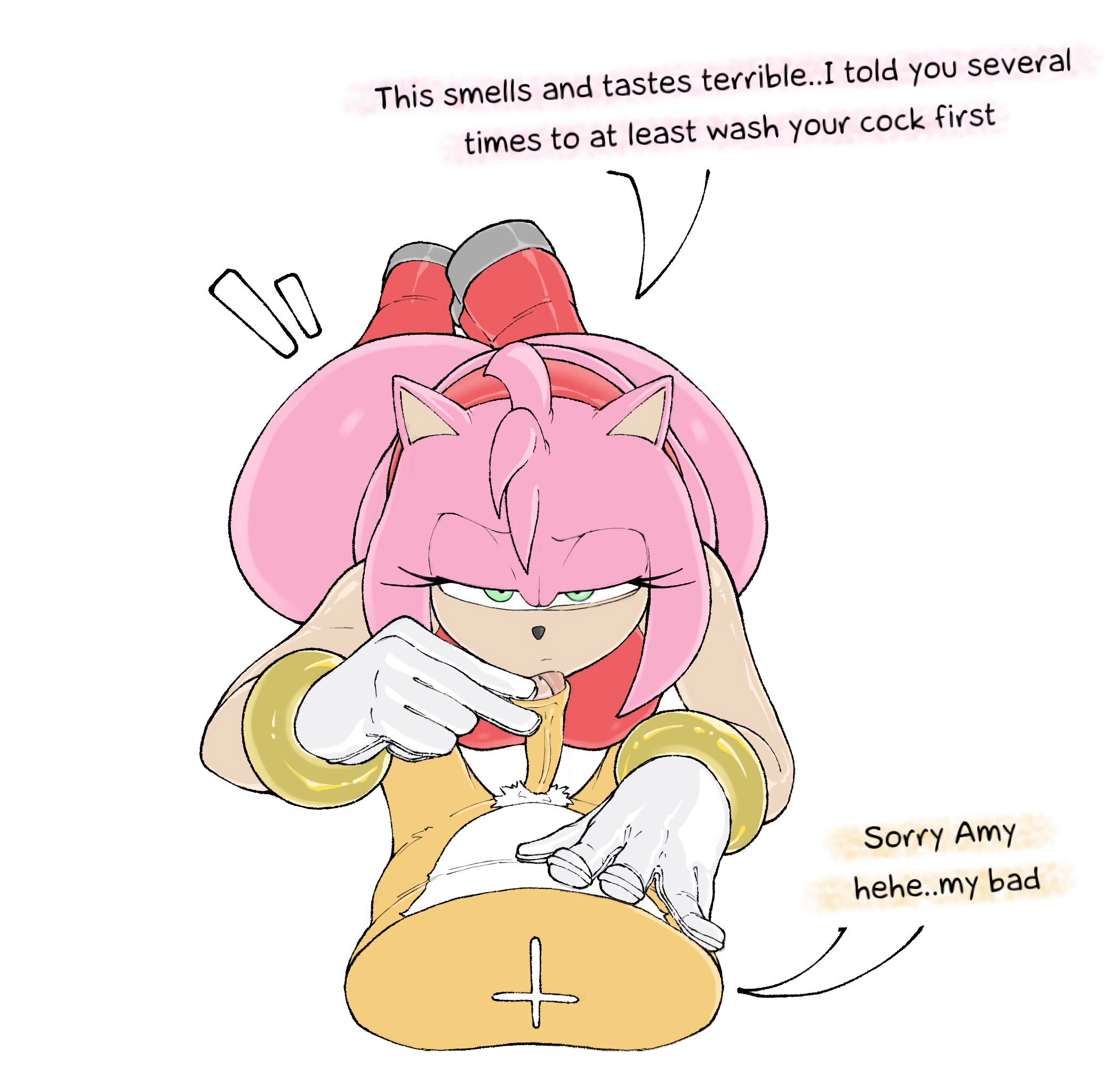 1boy, 1girls, amy rose, annoyed, annoyed expression, anthro, ass, blabo00, dialogue, english text, fellatio, female, foreskin, foreskin play, fox, furry, hedgehog, huge ass, larger female, male, miles prower, miles tails prower, penis, sega, small penis, sonic (series), tagme, tails the fox, text, tongue in foreskin, two finger handjob, uncircumcised, wide hips